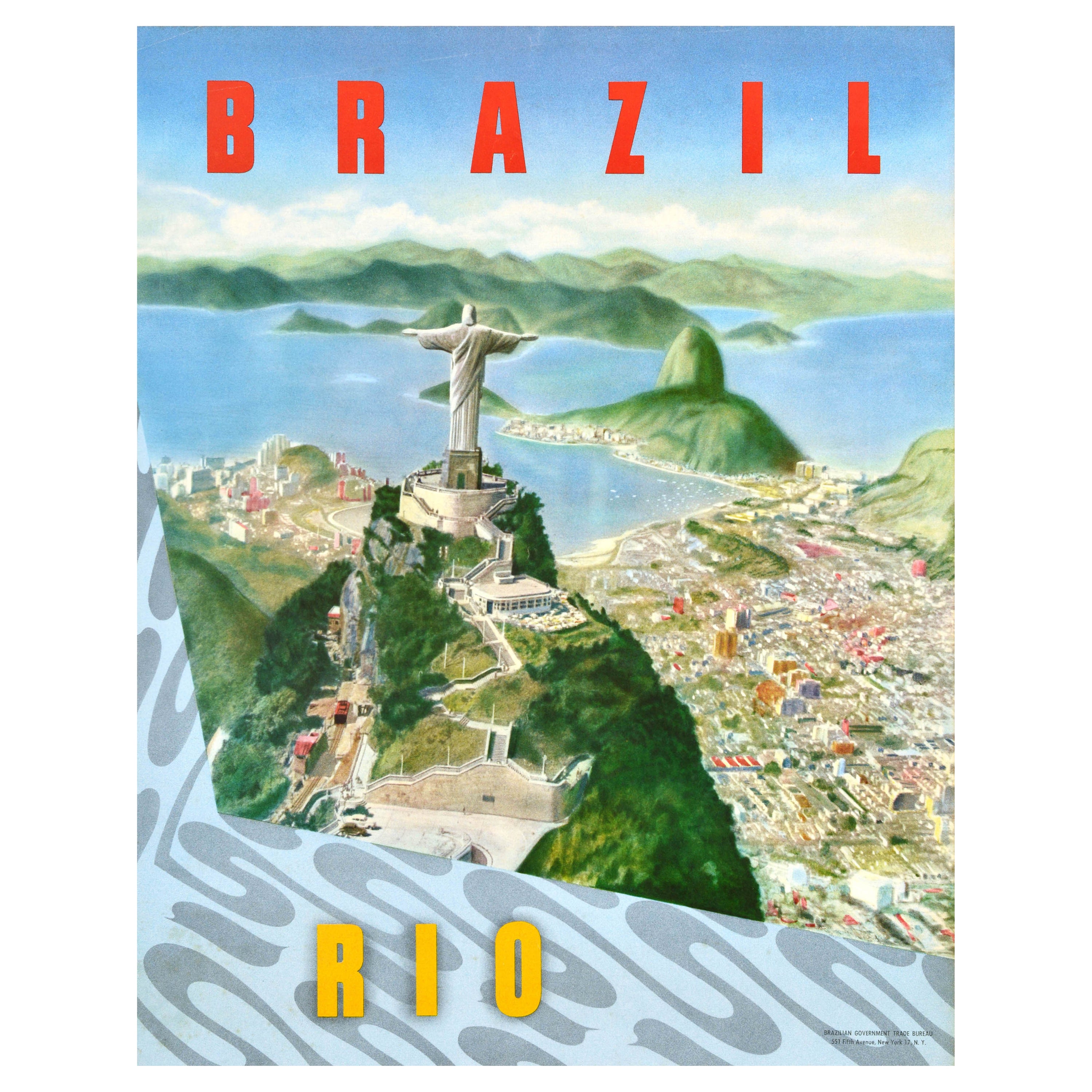 Poster di viaggio originale d'epoca Brasile Rio Cristo Redentore Spiaggia di Copacabana