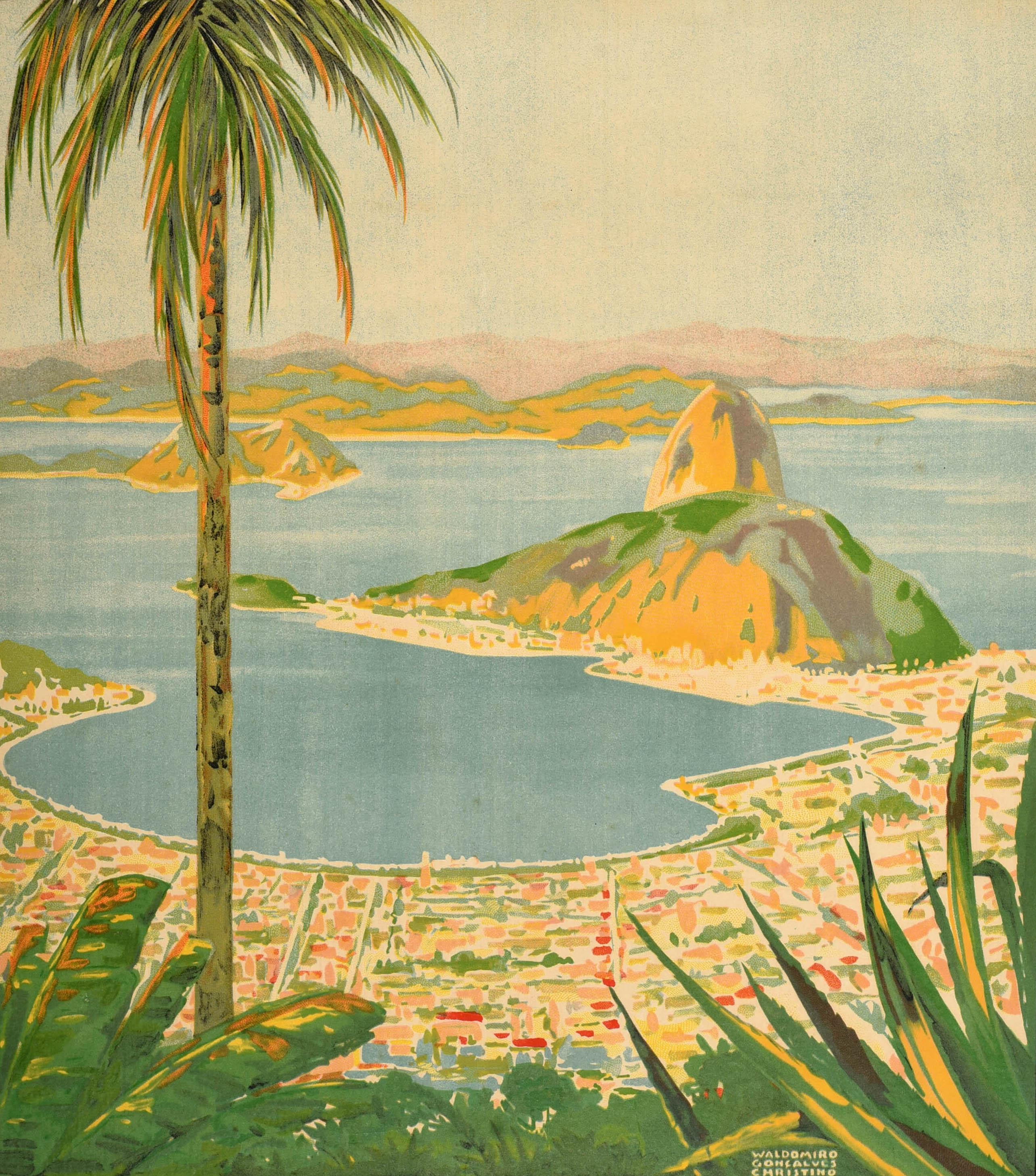 Original vintage travel poster for Brazil in South America featuring a scenic view from the Christ the Redeemer statue on Mount Corcovado towards Sugarloaf Mountain in Guanabara Bay Rio de Janeiro with trees in the foreground and hills on the