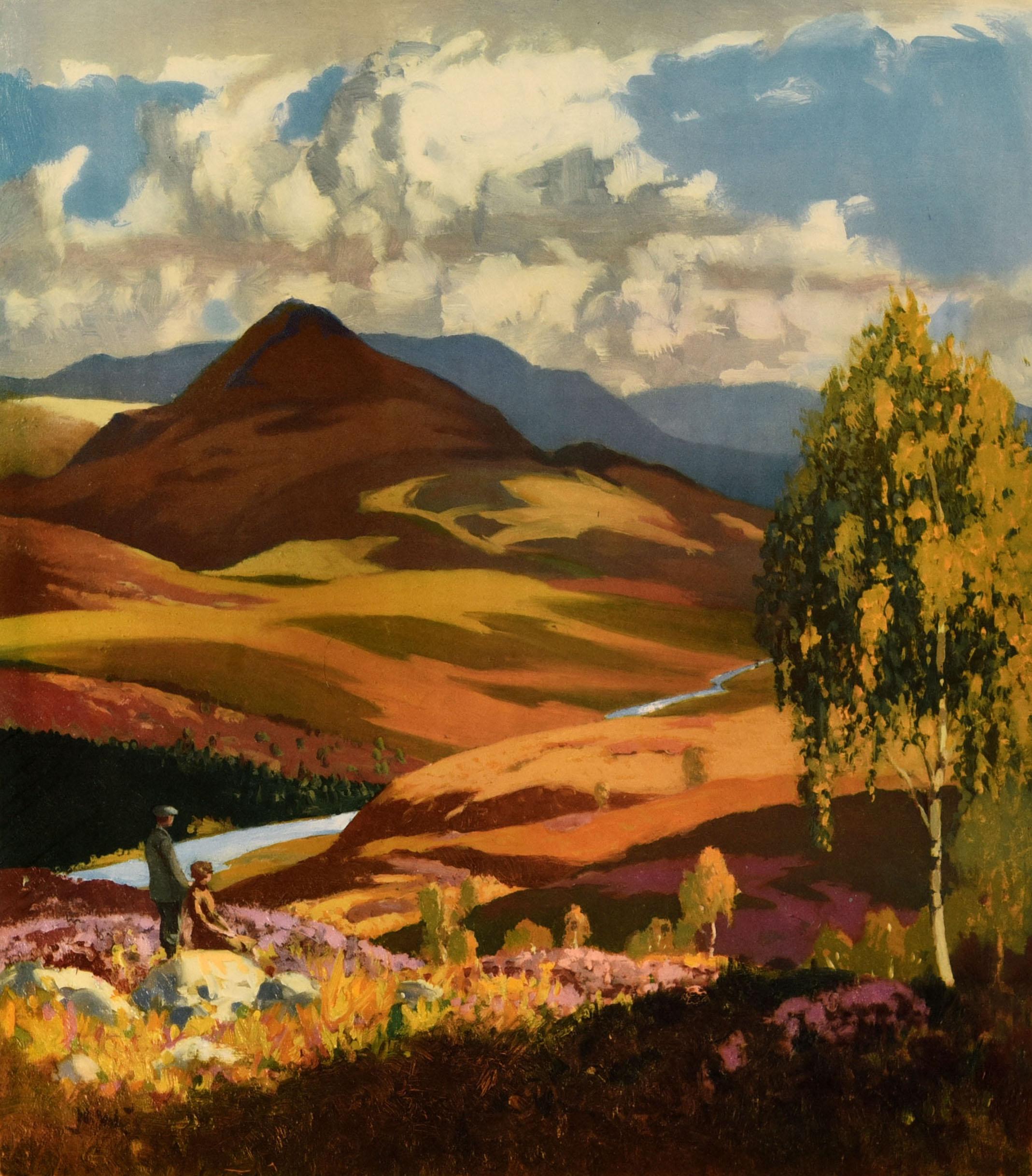 Original vintage travel poster - Britain in Autumn - featuring a scenic countryside painting by the notable British artist and illustrator Norman Wilkinson (1878-1971) depicting a couple enjoying the view, the gentleman standing beside the lady