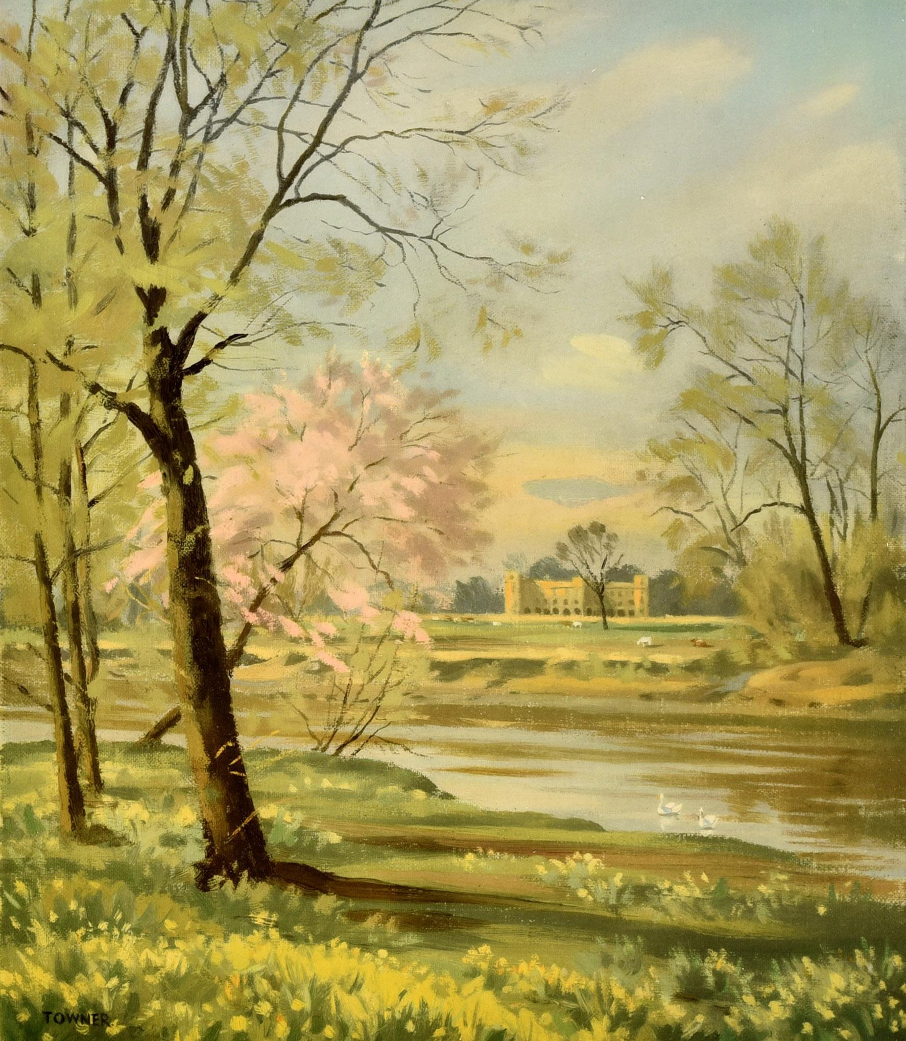 Original vintage travel poster - Britain in Spring - featuring a scenic painting of swans on a river by trees and daffodils on the green grass in the foreground, and cows grazing in front of a country house on the other side of the calm water.