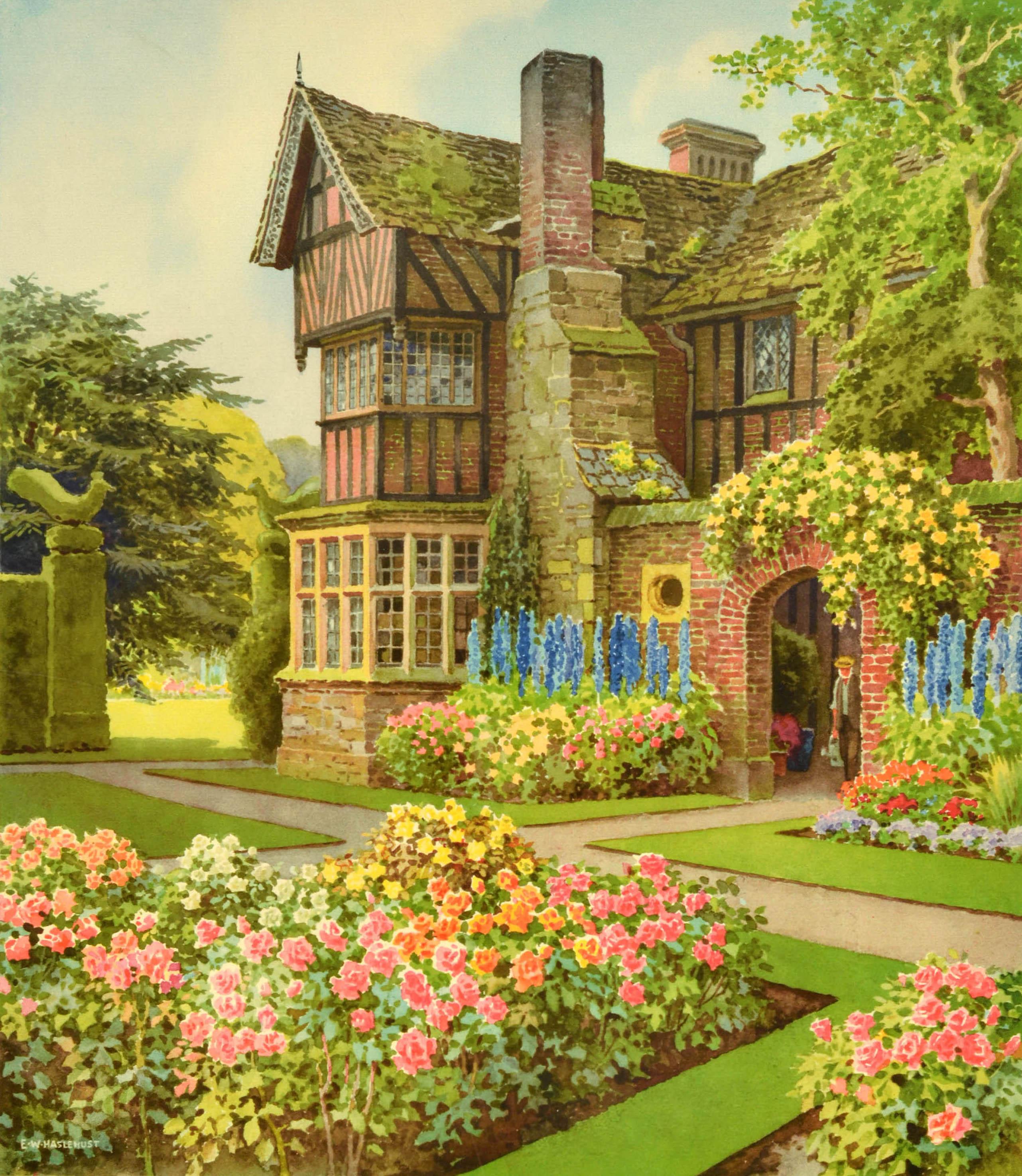 Original vintage travel poster - Britain in Summer - featuring a great image by the watercolour painter Ernest William Haslehust (1866-1949) of a traditional English country manor house with colourful flower beds in a neatly landscaped garden with