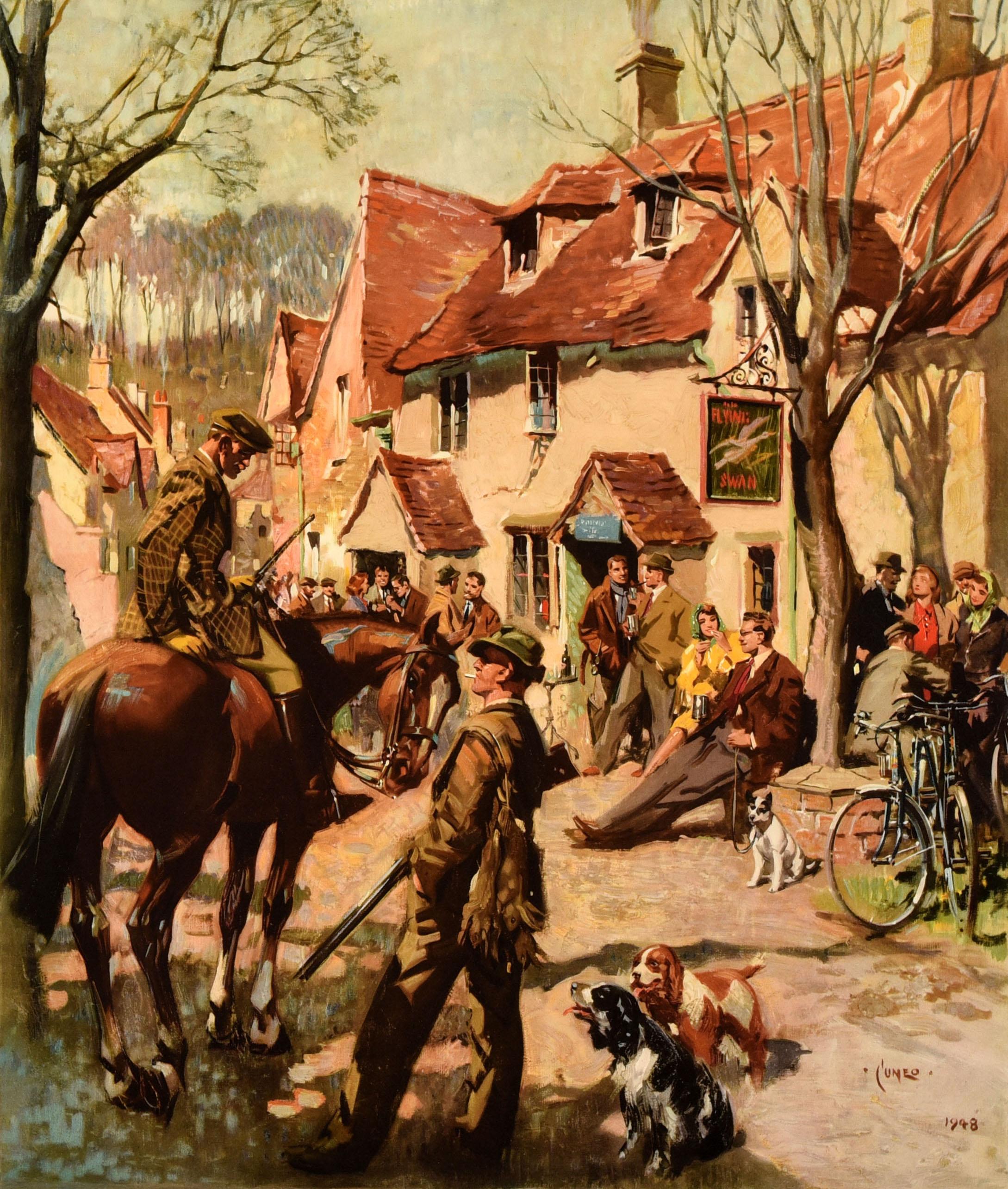 Original vintage travel poster - Britain in Winter - featuring a stunning painting by the notable British artist Terence Tenison Cuneo (1907-1996) depicting people drinking and socialising outside a village pub named The Flying Swan in the