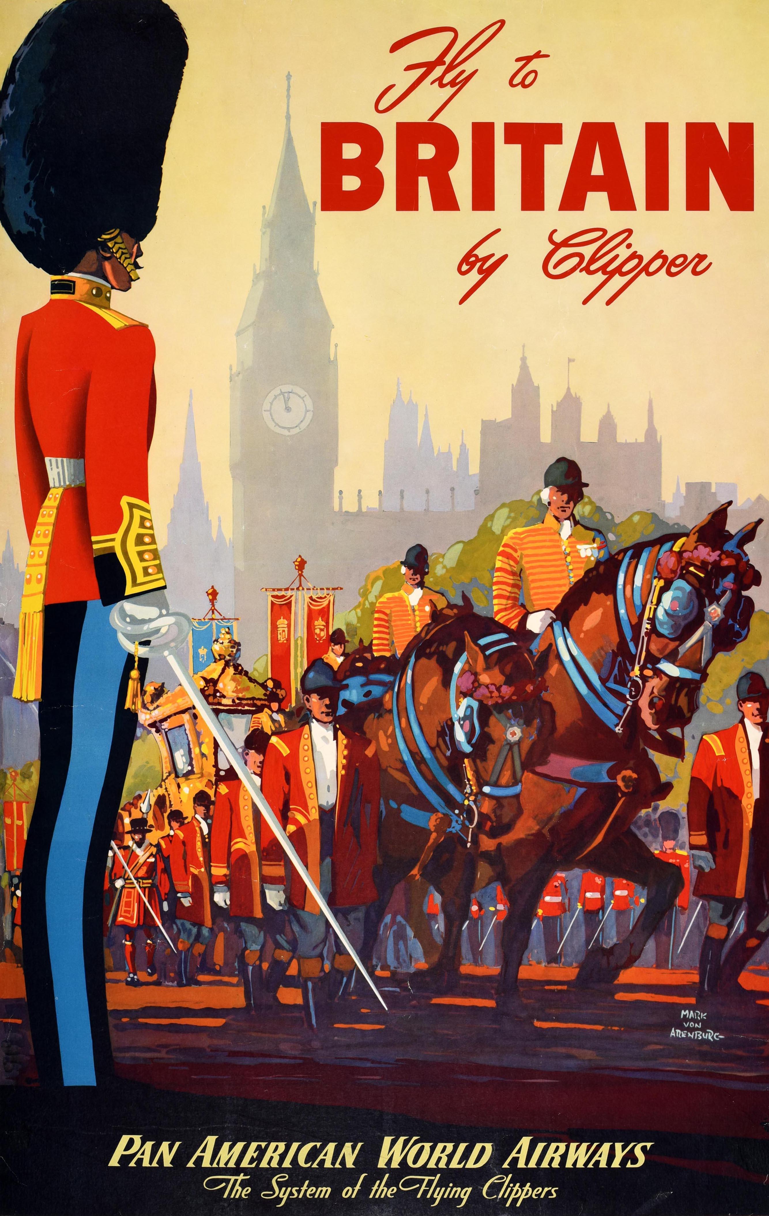Original vintage PanAm travel poster - Fly to Britain by Clipper Pan American World Airways The System of the Flying Clippers - featuring colourful artwork depicting a Royal Coldstream Guard in ceremonial dress holding a sword and wearing a bearskin