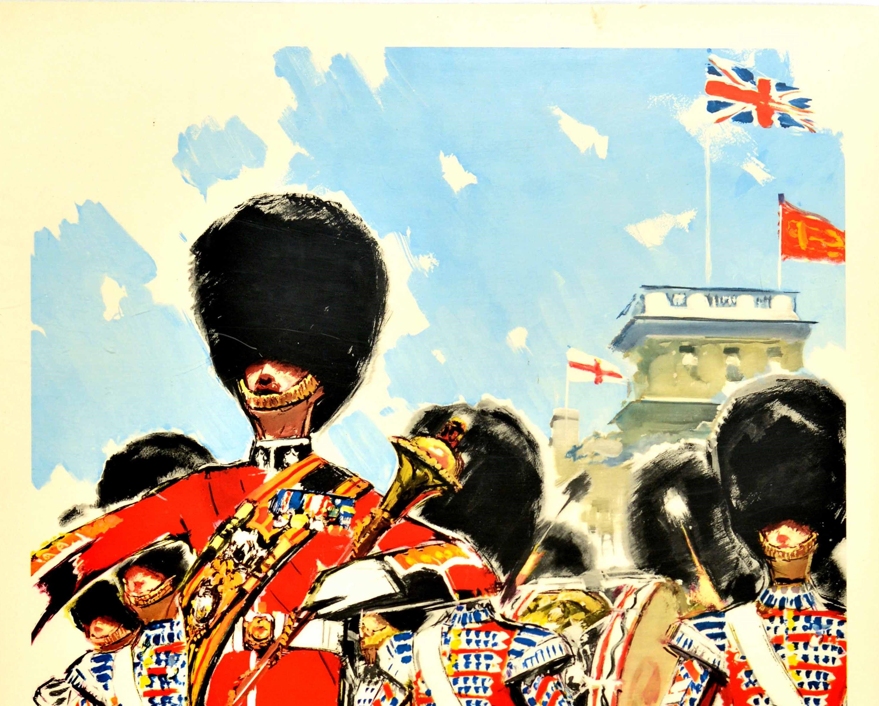 Original vintage travel poster for Britain featuring a colorful image of The Coldstream Guards in full uniform marching towards the viewer in a ceremonial parade playing music on drums in front of a building flying the Union Jack, Royal and English