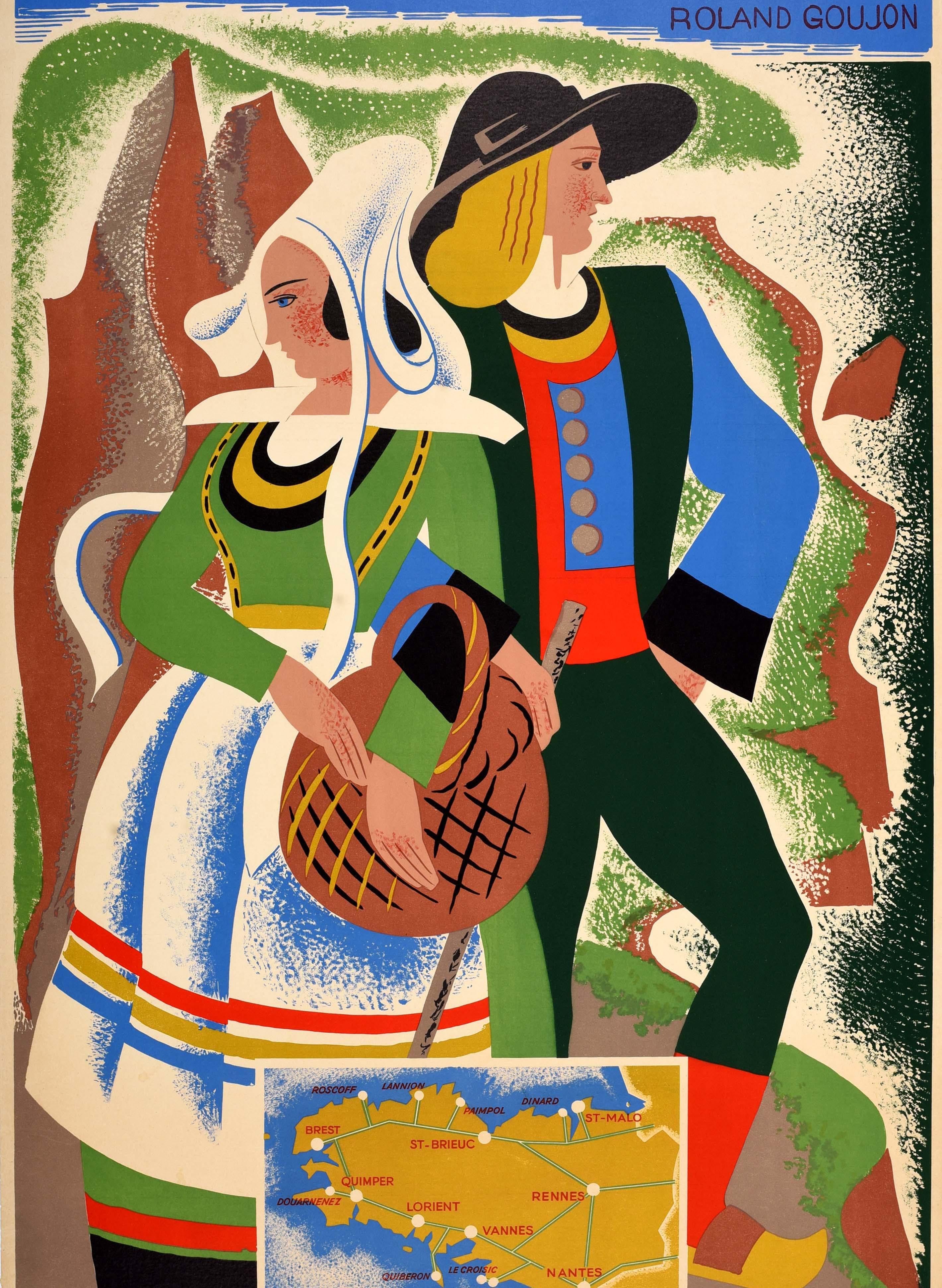 Original-Reiseplakat für die Bretagne - Bretagne Societe Nationale Des Chemins De Fer Francais - herausgegeben von der französischen Eisenbahngesellschaft mit einem farbenfrohen Bild eines Mannes und einer Frau in traditioneller Kleidung und mit