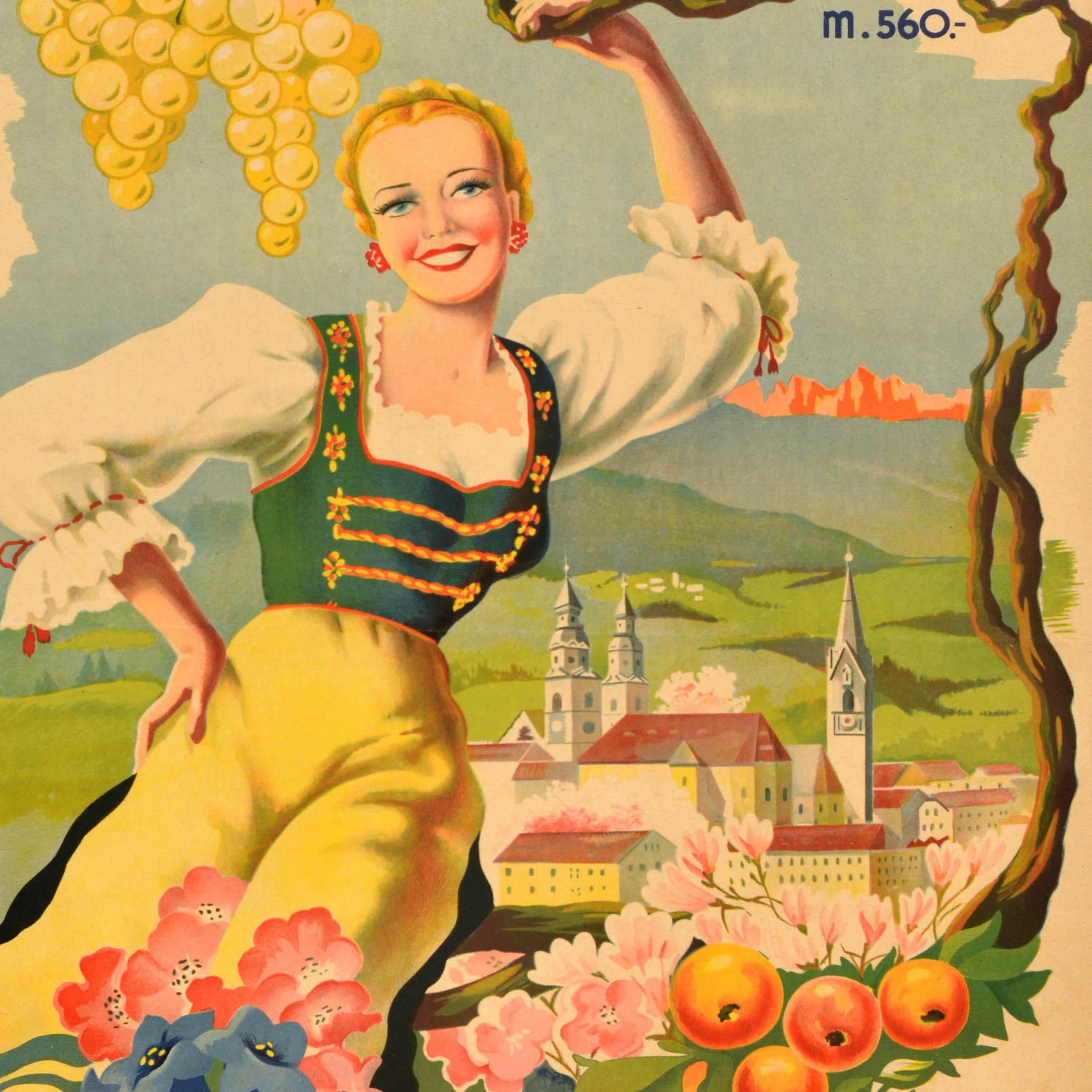 Original vintage travel advertising poster for Bressanone m.560 Dolomiti Italy / Brixen in the Dolomites featuring a colourful design by Filippo Romoli (1901-1969) depicting a smiling lady in traditional clothing holding a grapevine with grapes