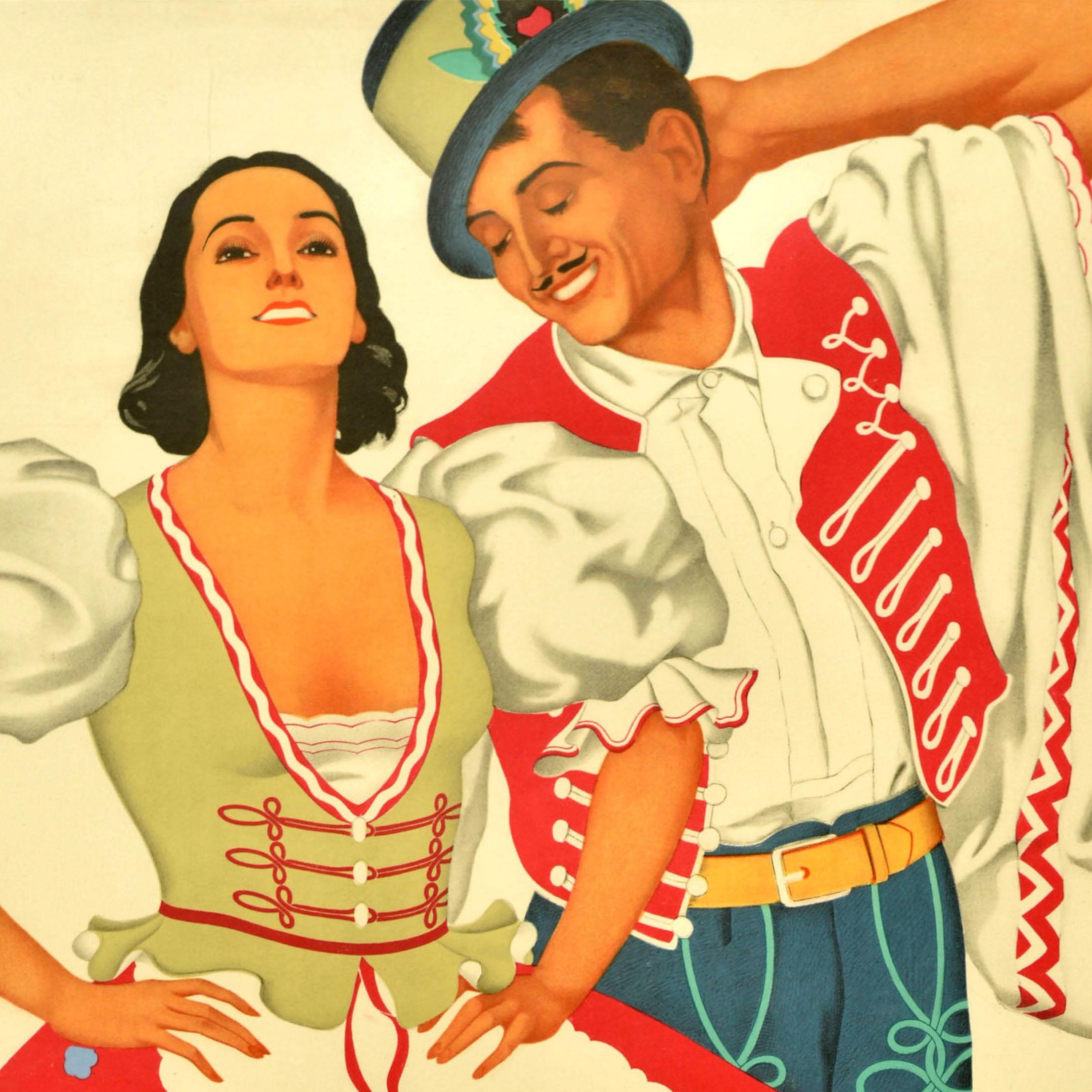 Originales Vintage-Reiseplakat für das Budapester Stadtfest mit Opernballett am 2. Februar 1939 im Deutschen Theater - Festball der Stadt Budapest mit dem Kgl. Ung. Opernballett Deutsches Theater - mit einer farbenfrohen Illustration zweier Tänzer
