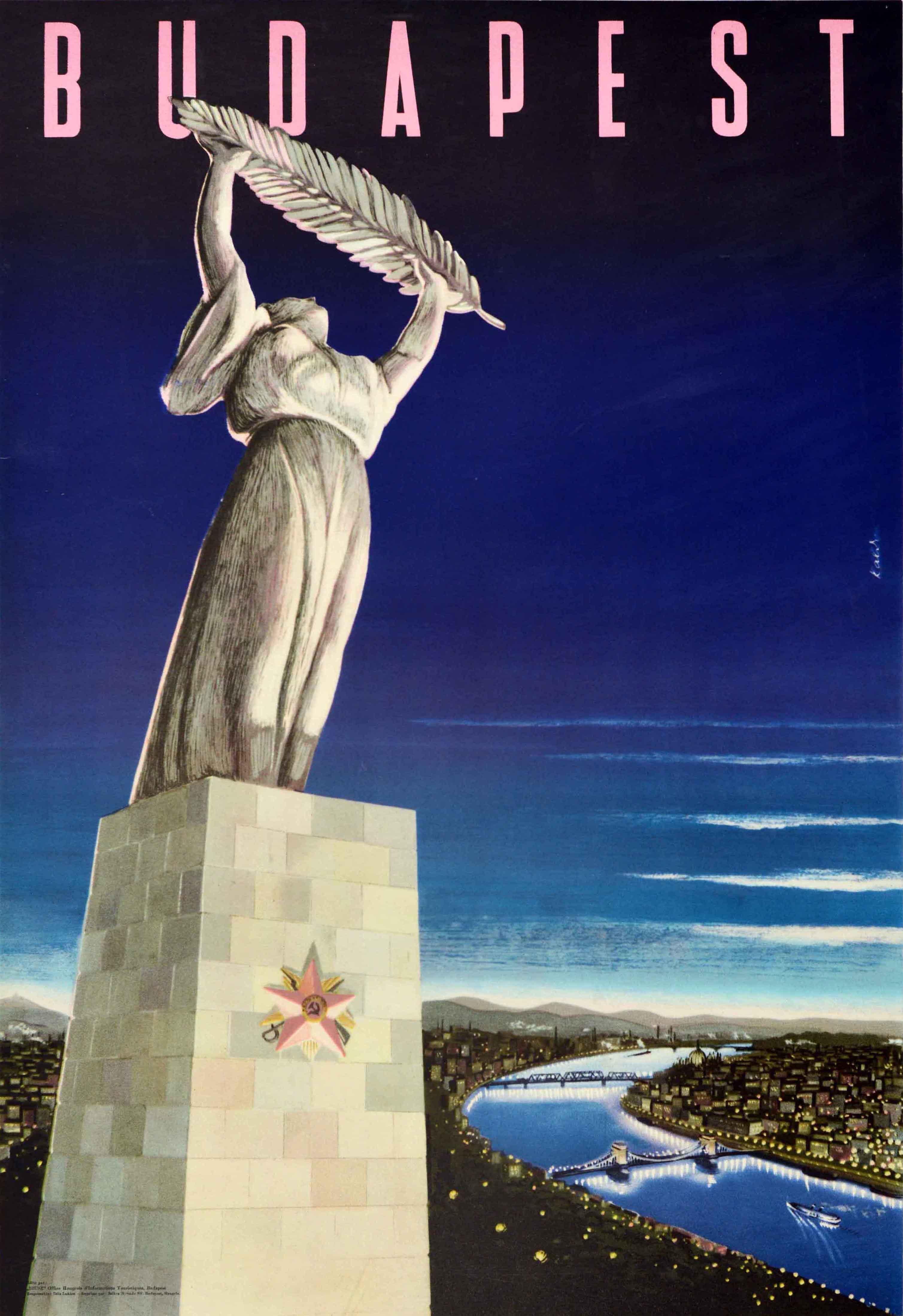 Original vintage travel poster for Budapest Hungary featuring a stunning illustration of the Liberty Statue depicted as a lady in a long dress holding a palm leaf towering over the night city with boats and bridges on the Danube river and buildings