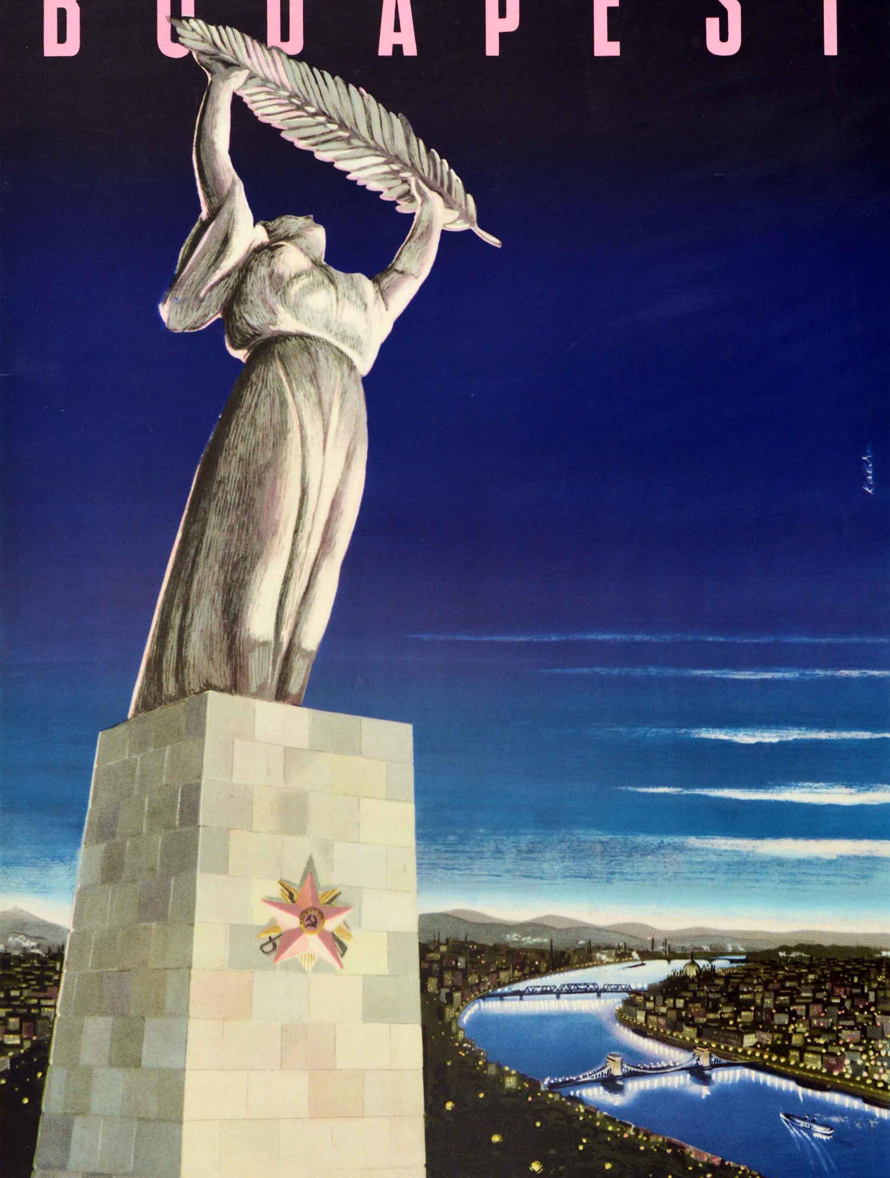 Mid-20th Century Original Vintage Travel Poster Budapest Hungary Freedom Statue Danube City View
