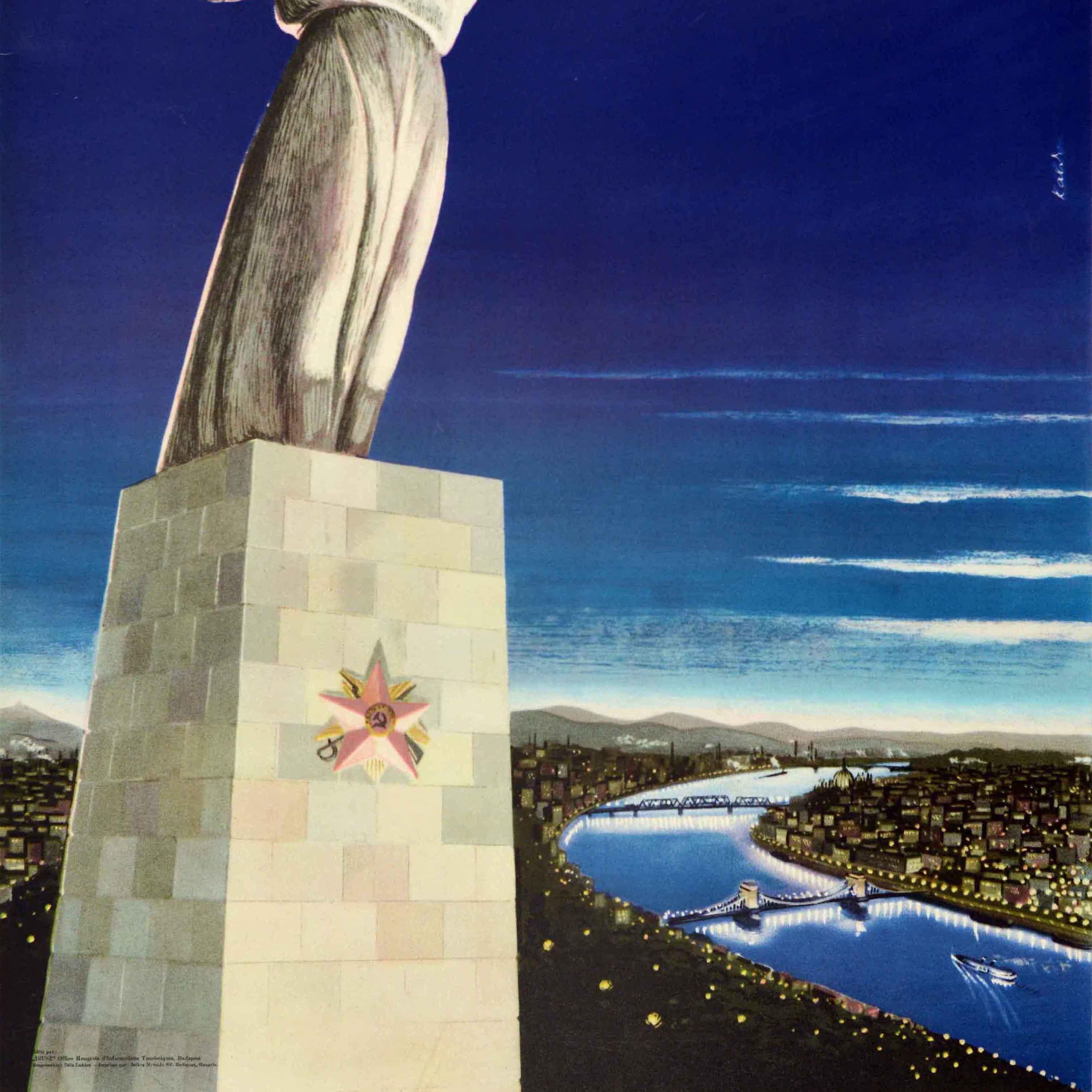 Ungherese Poster di viaggio originale d'epoca Budapest Ungheria Statua della Libertà IBUSZ Magyar in vendita