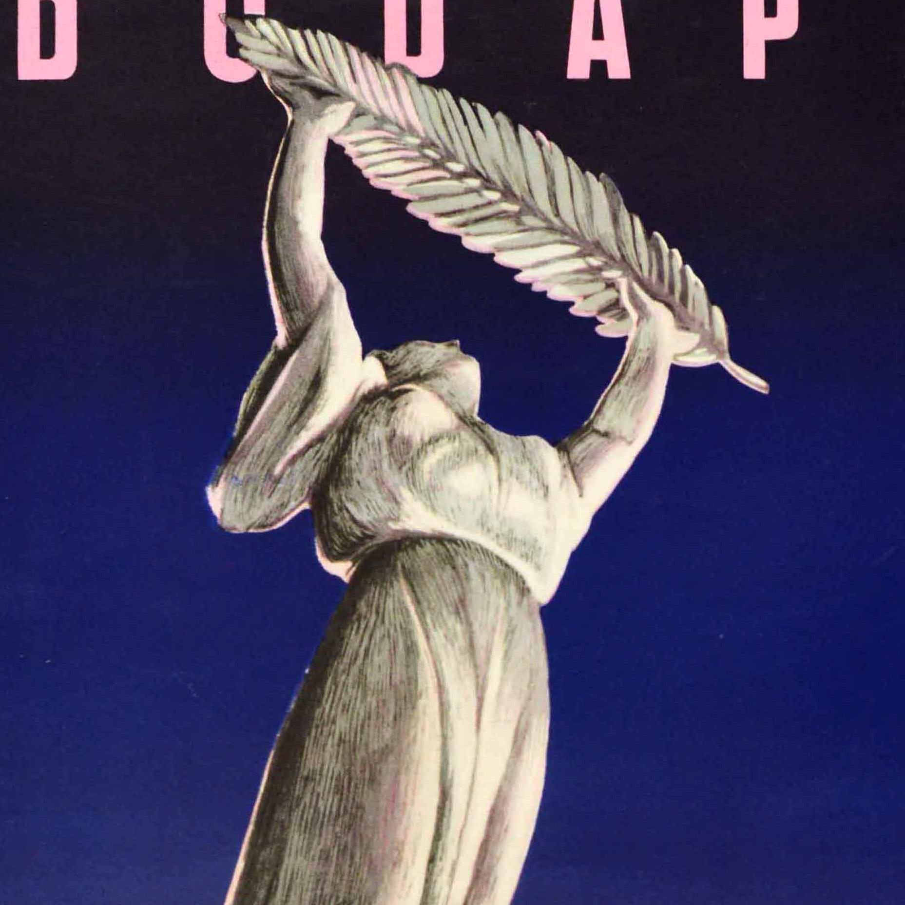 Poster di viaggio originale d'epoca Budapest Ungheria Statua della Libertà IBUSZ Magyar In condizioni buone in vendita a London, GB