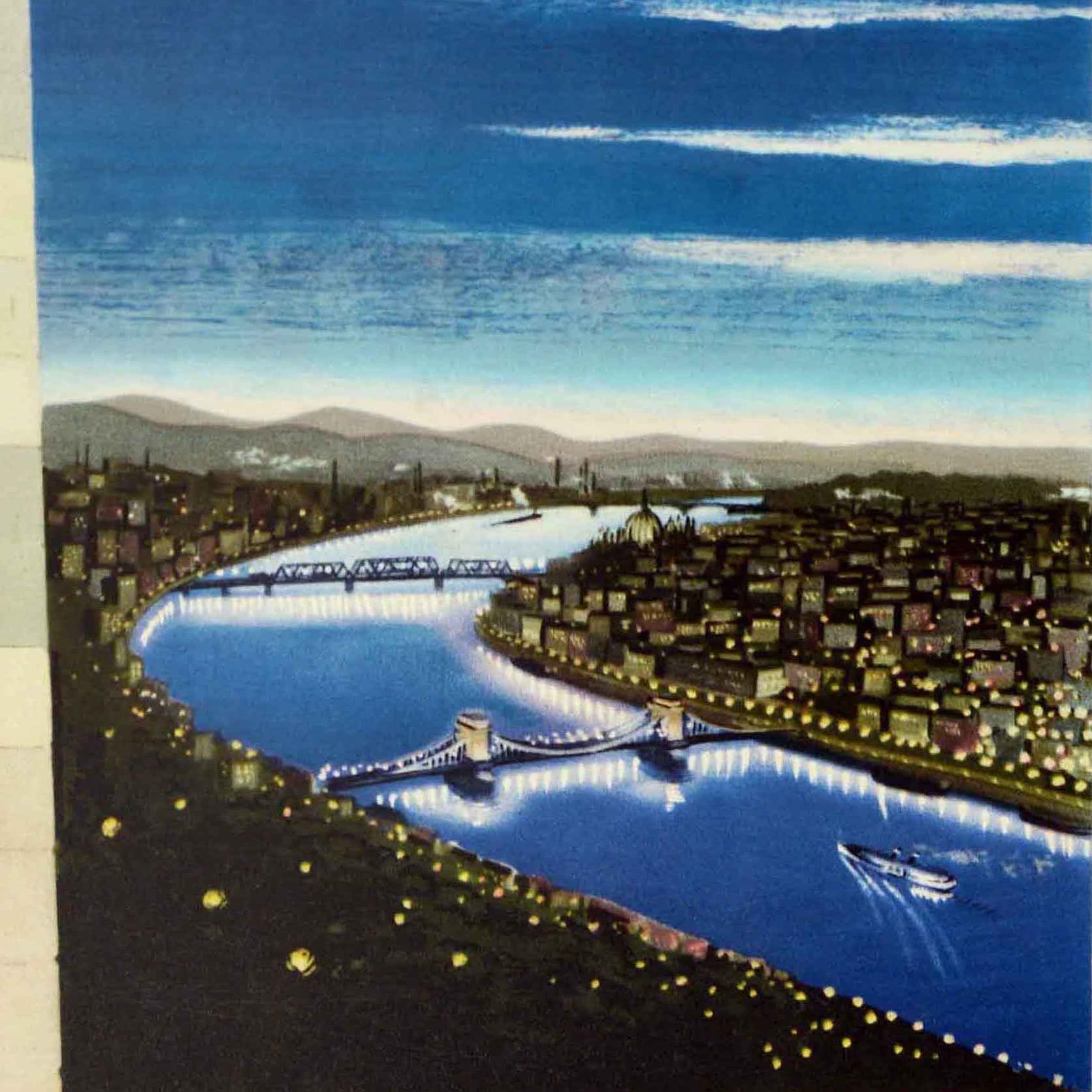 Metà XX secolo Poster di viaggio originale d'epoca Budapest Ungheria Statua della Libertà IBUSZ Magyar in vendita