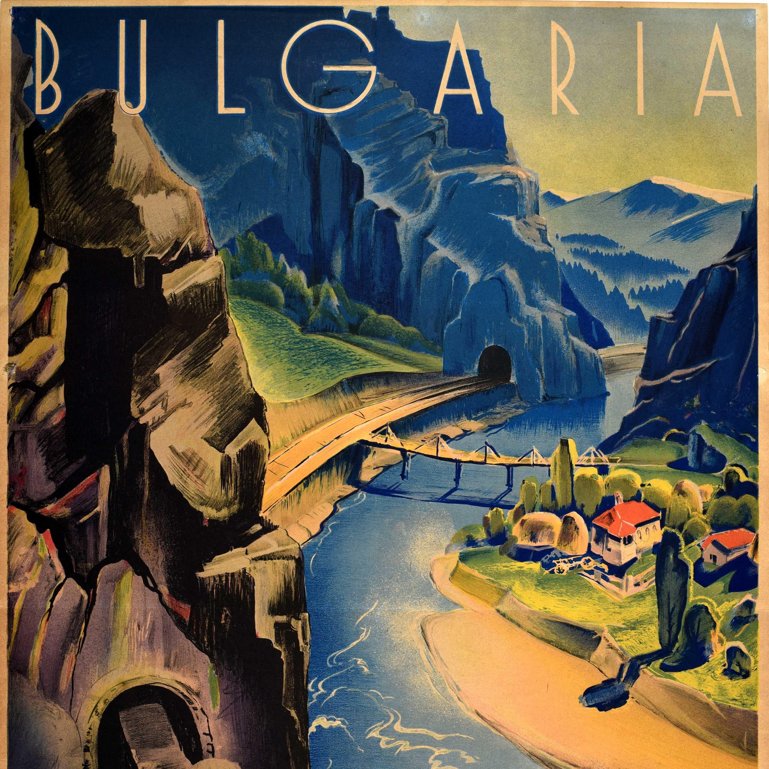 Bulgarian Original Vintage Travel Poster Bulgaria Balkans Angel Tilov Art Deco Bulgariya For Sale