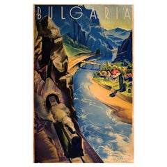 Poster di viaggio originale d'epoca Bulgaria Balcani Angel Tilov Art Deco Bulgariya