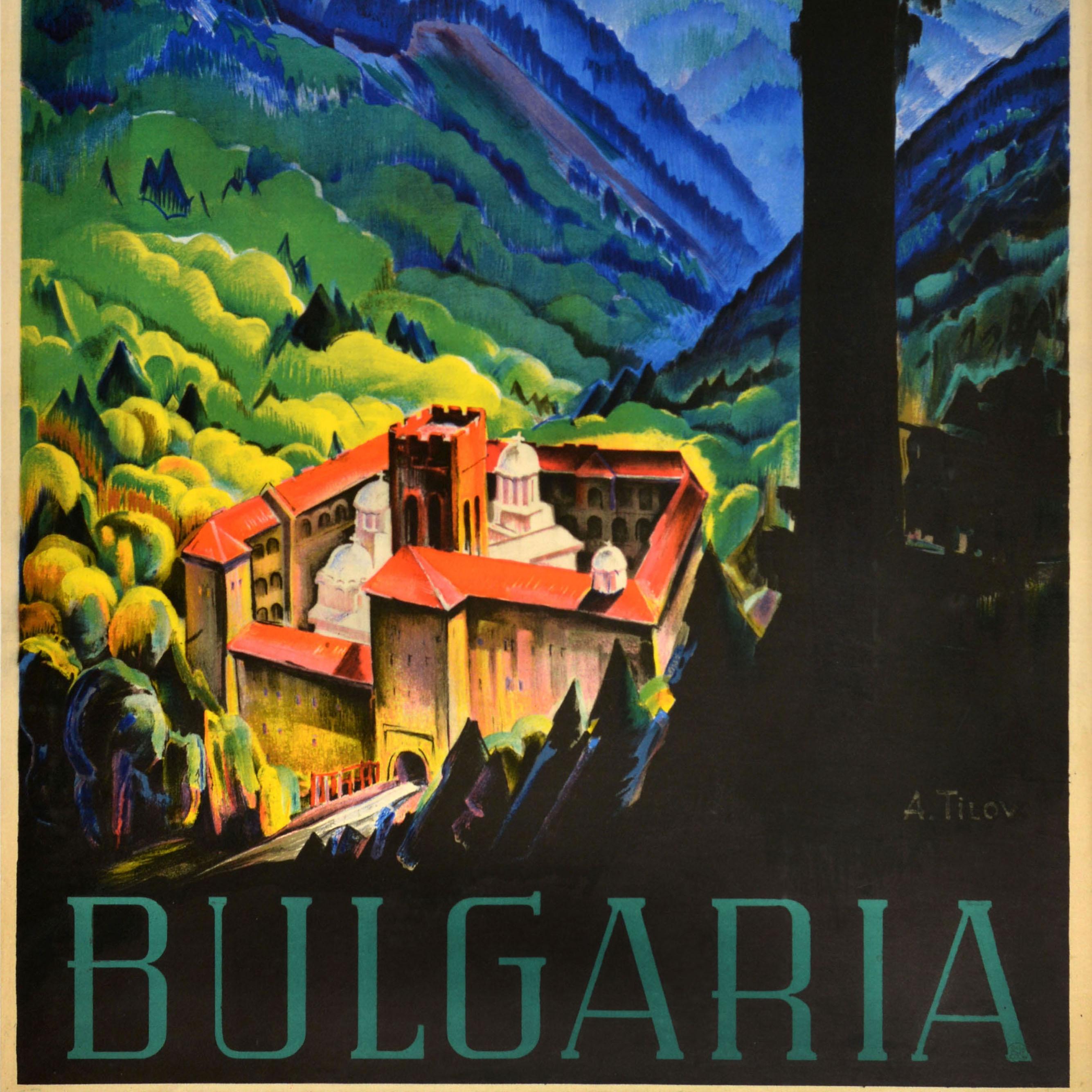 Poster di viaggio originale d'epoca Bulgaria Monastero di Rila Sveti Ivan Rilski Tilov In condizioni buone in vendita a London, GB
