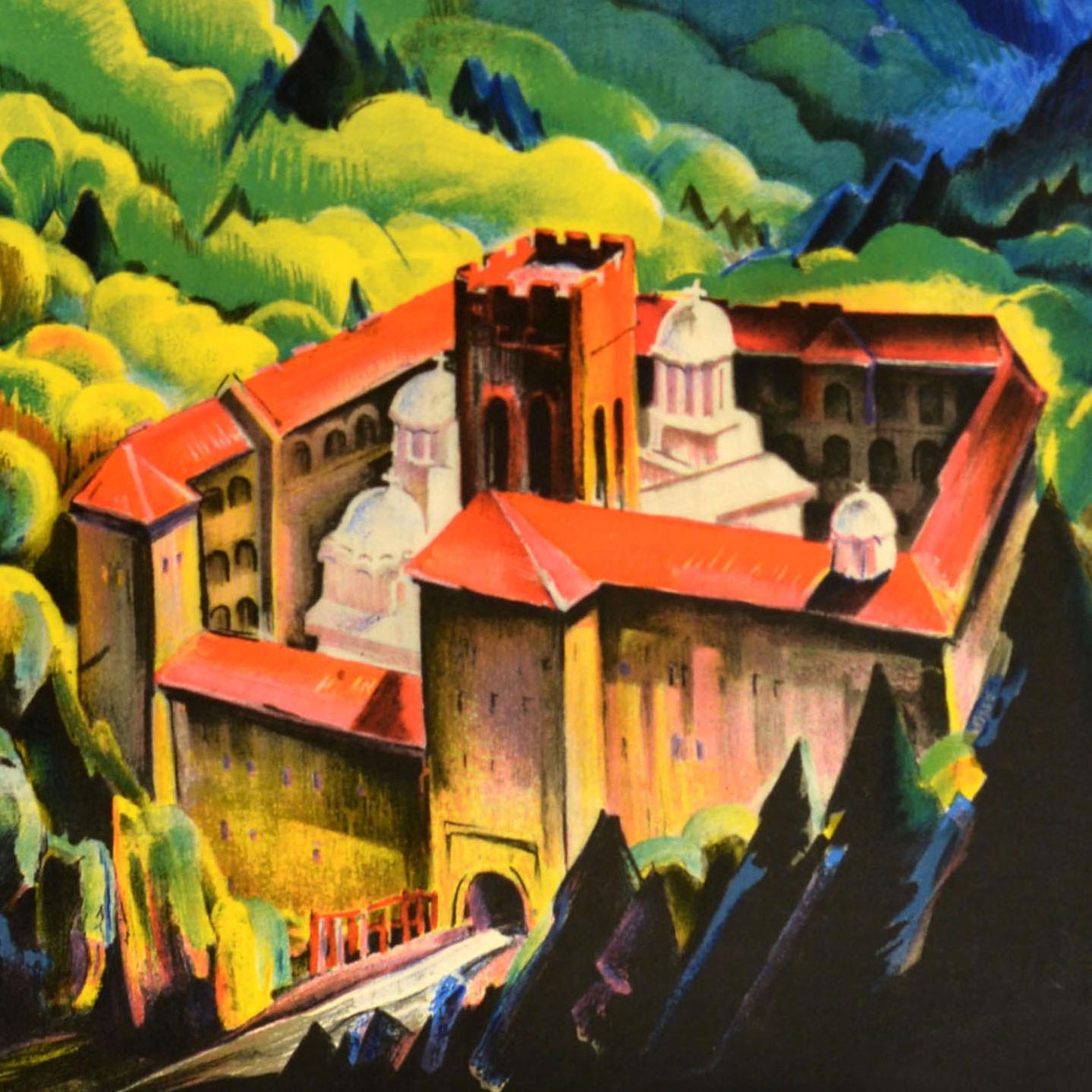Metà XX secolo Poster di viaggio originale d'epoca Bulgaria Monastero di Rila Sveti Ivan Rilski Tilov in vendita
