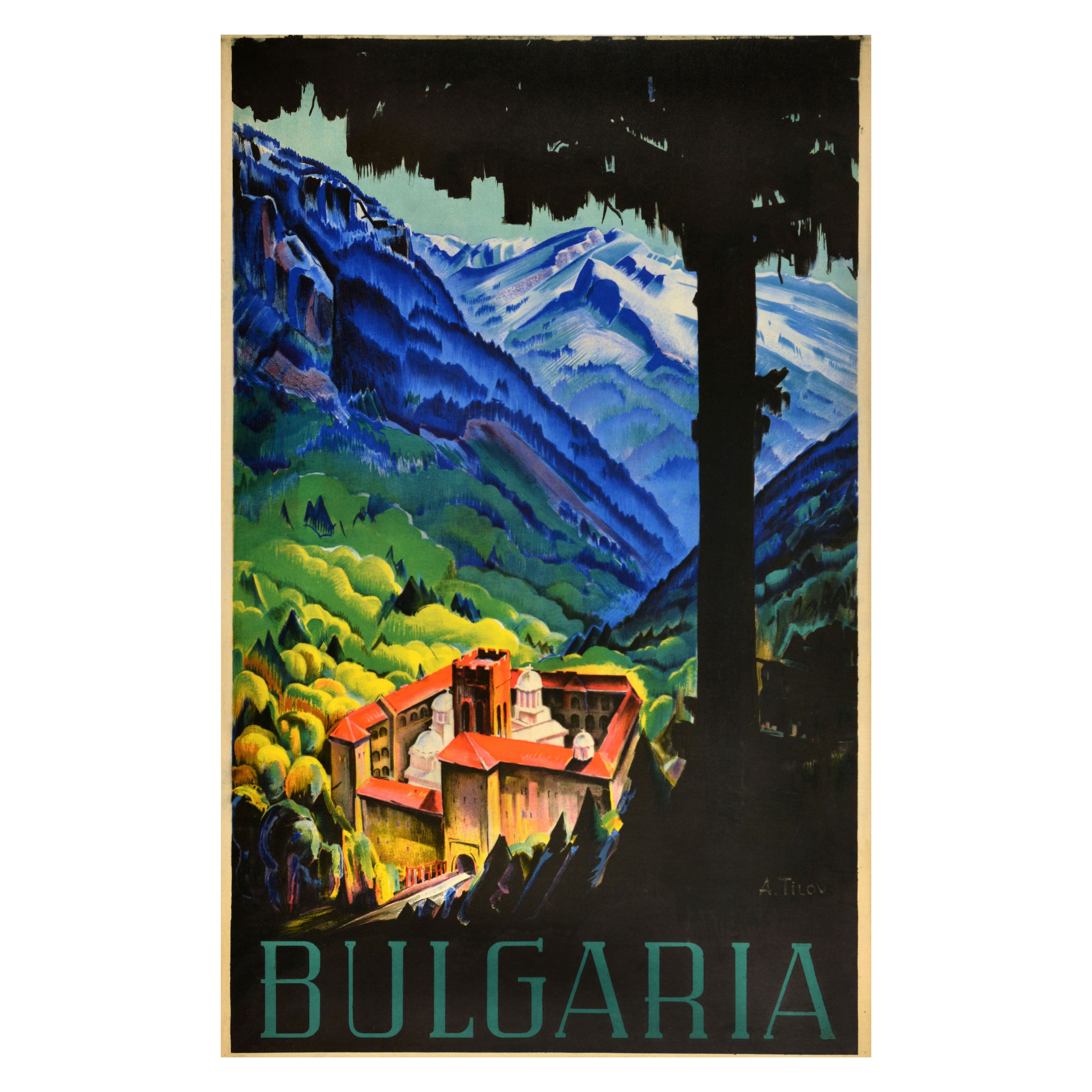 Poster di viaggio originale d
epoca Bulgaria Monastero di Rila Sveti Ivan Rilski Tilov in vendita
