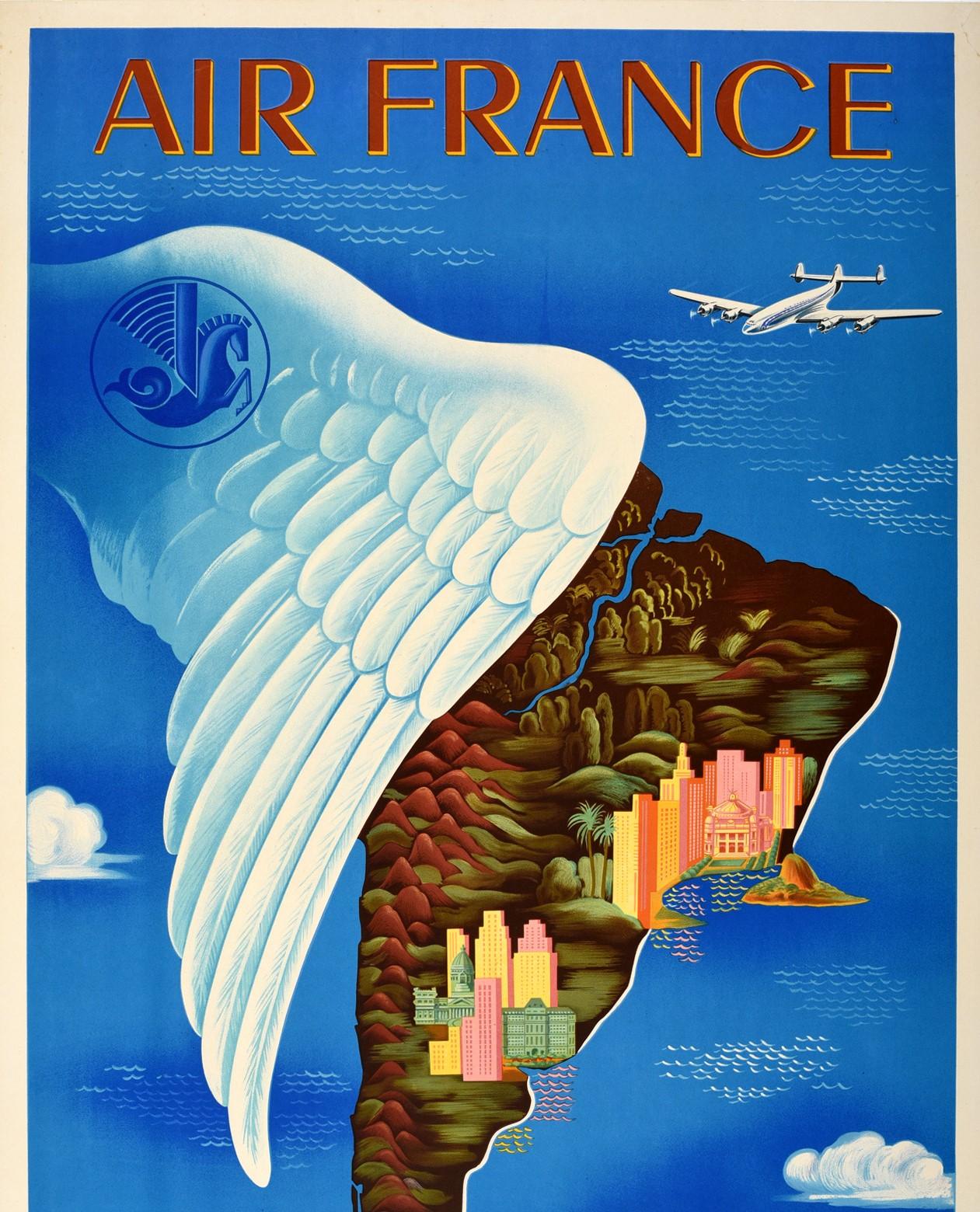 Original vintage travel poster advertising flights to South America / America Del Sur by Air France featuring a colourful stylised design by Lucien Boucher (1889-1971) depicting historic buildings and city skyscrapers, jungle forests, palm trees,
