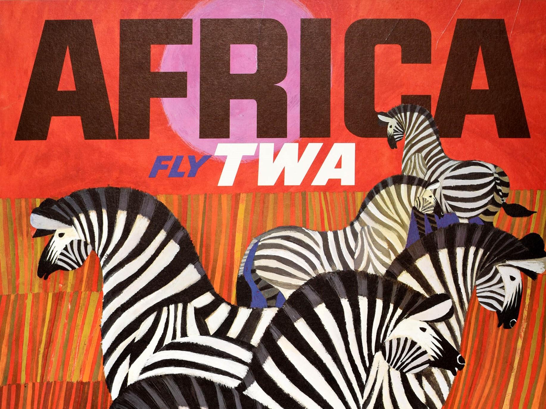 Original vintage mid-century airline travel poster for Africa Fly TWA Trans World Airlines up up and away TWA featuring a colourful iconic design by the notable American artist David Klein (1918-2005) of black and white zebras against a striped