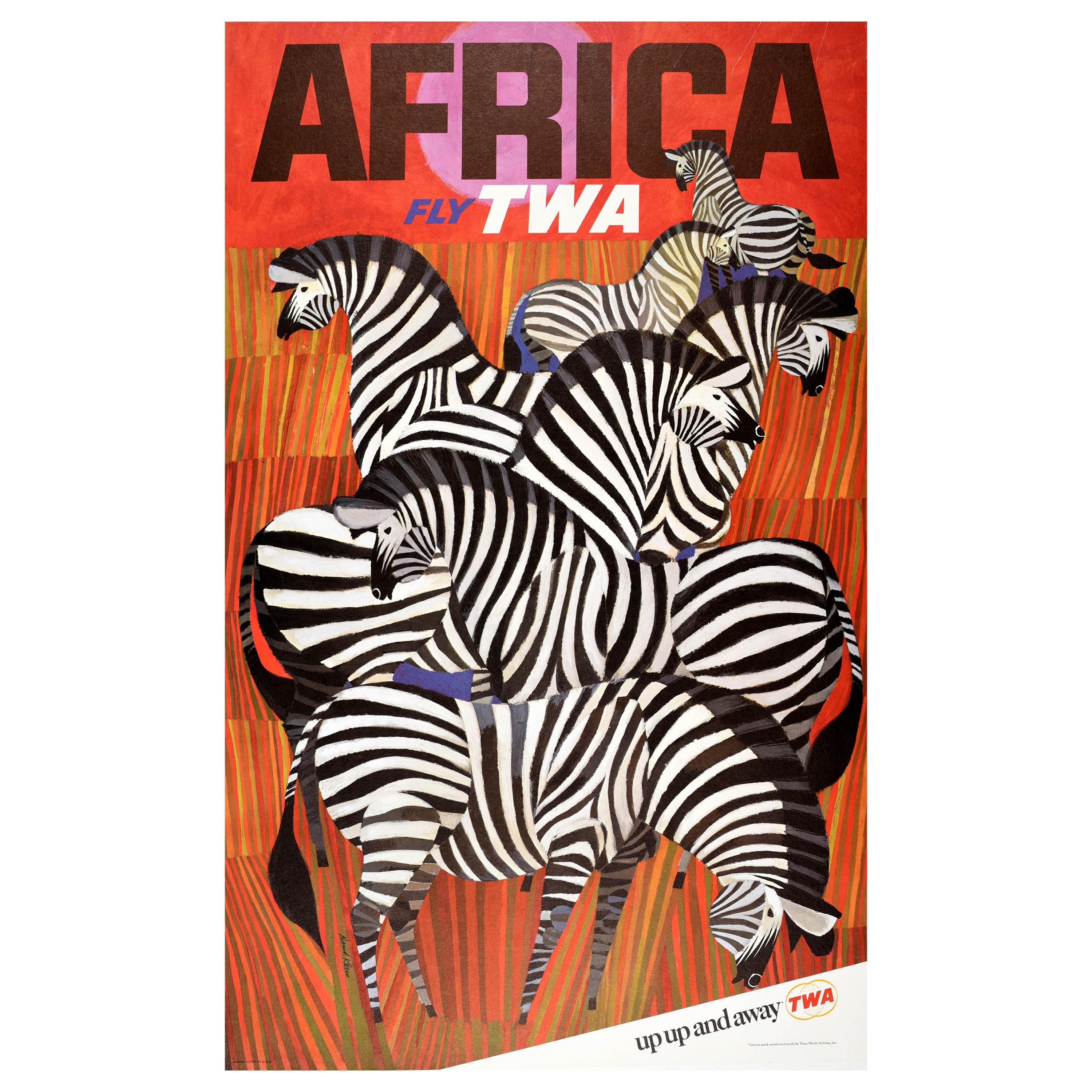 Original Vintage Travel Poster By David Klein Africa Fly TWA Iconic Zebra Design