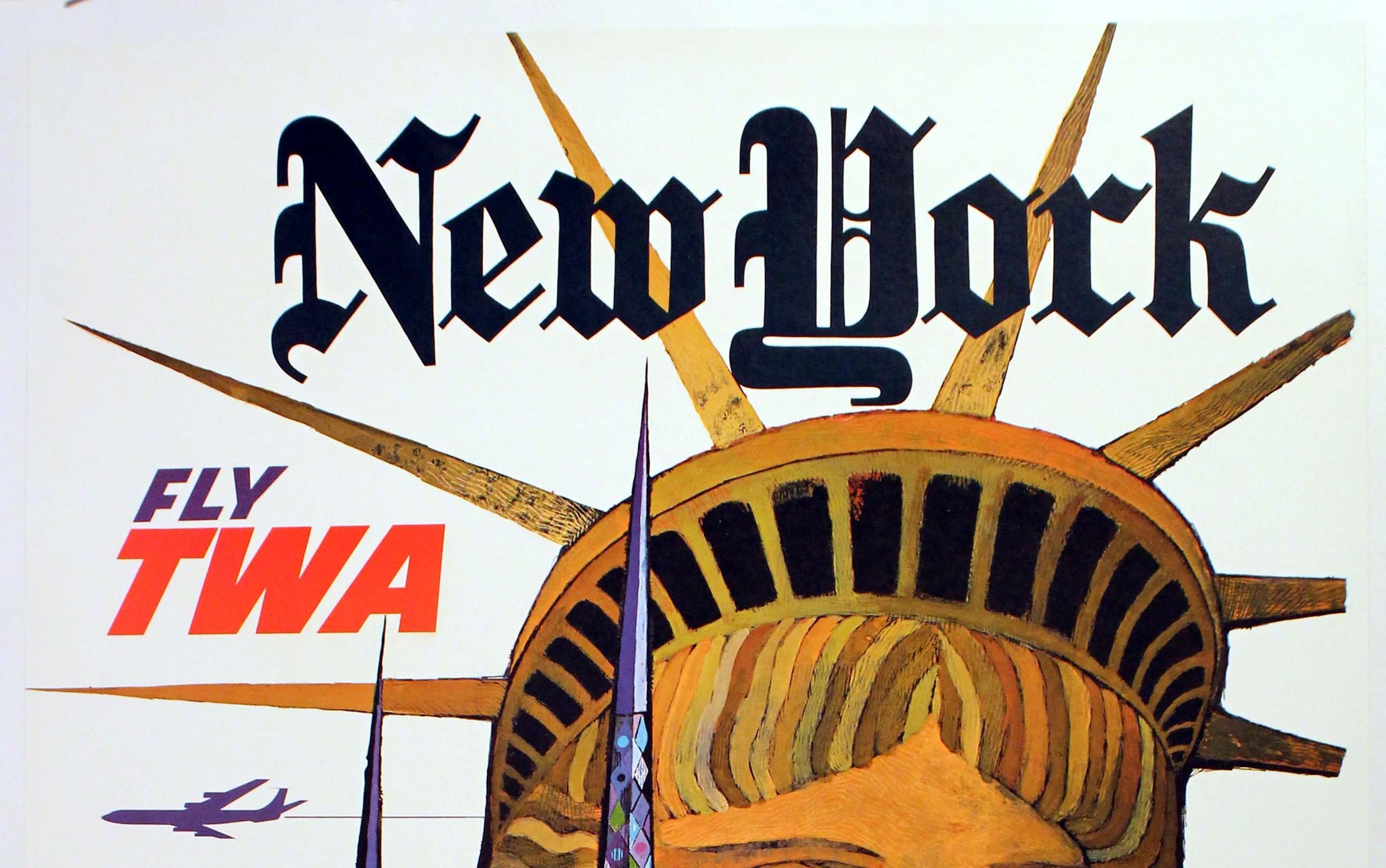 Original vintage travel poster advertising New York by TWA featuring a close-up image of the Statue of Liberty looking over the Brooklyn Bridge, cathedral and other city monuments with a plane flying by in the background. Artwork by American artist
