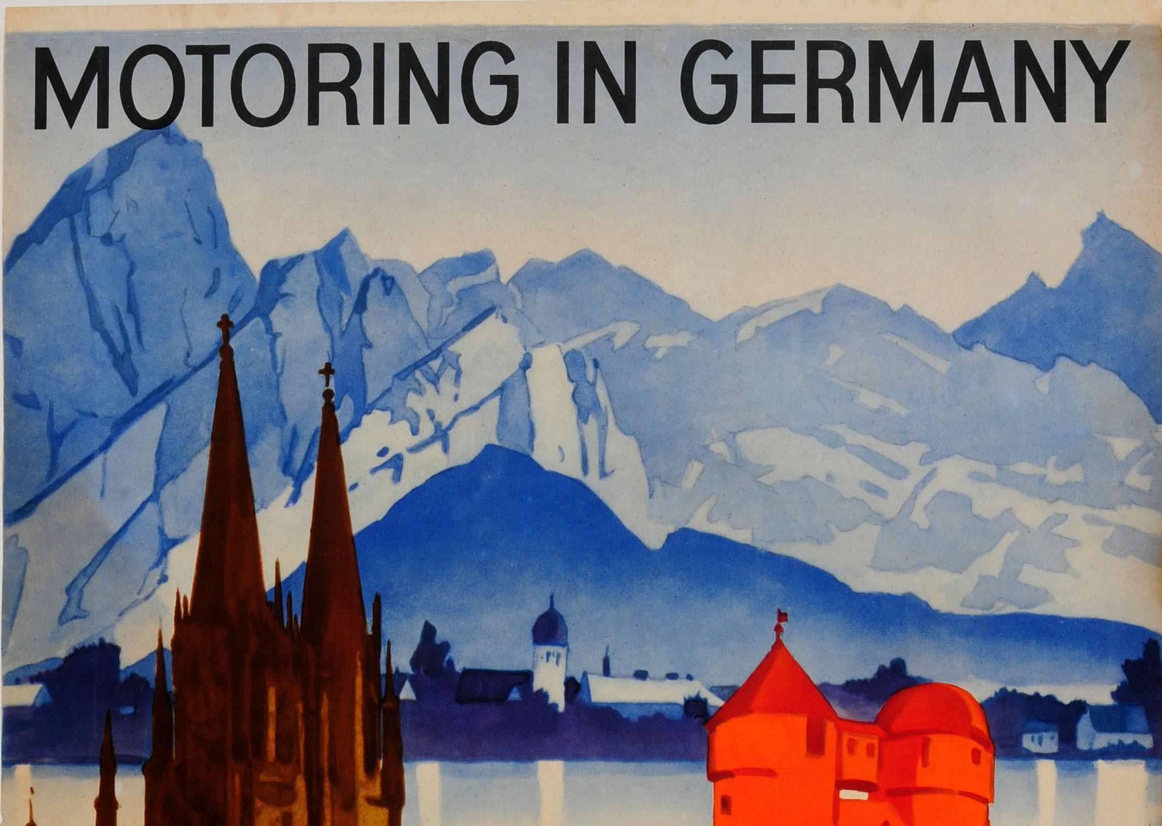 Original vintage travel poster promoting Motoring in Germany featuring a great illustration by the notable German poster artist Ludwig Hohlwein (1874-1949) of a Classic car in front of trees and Gothic and traditional German architecture in shades