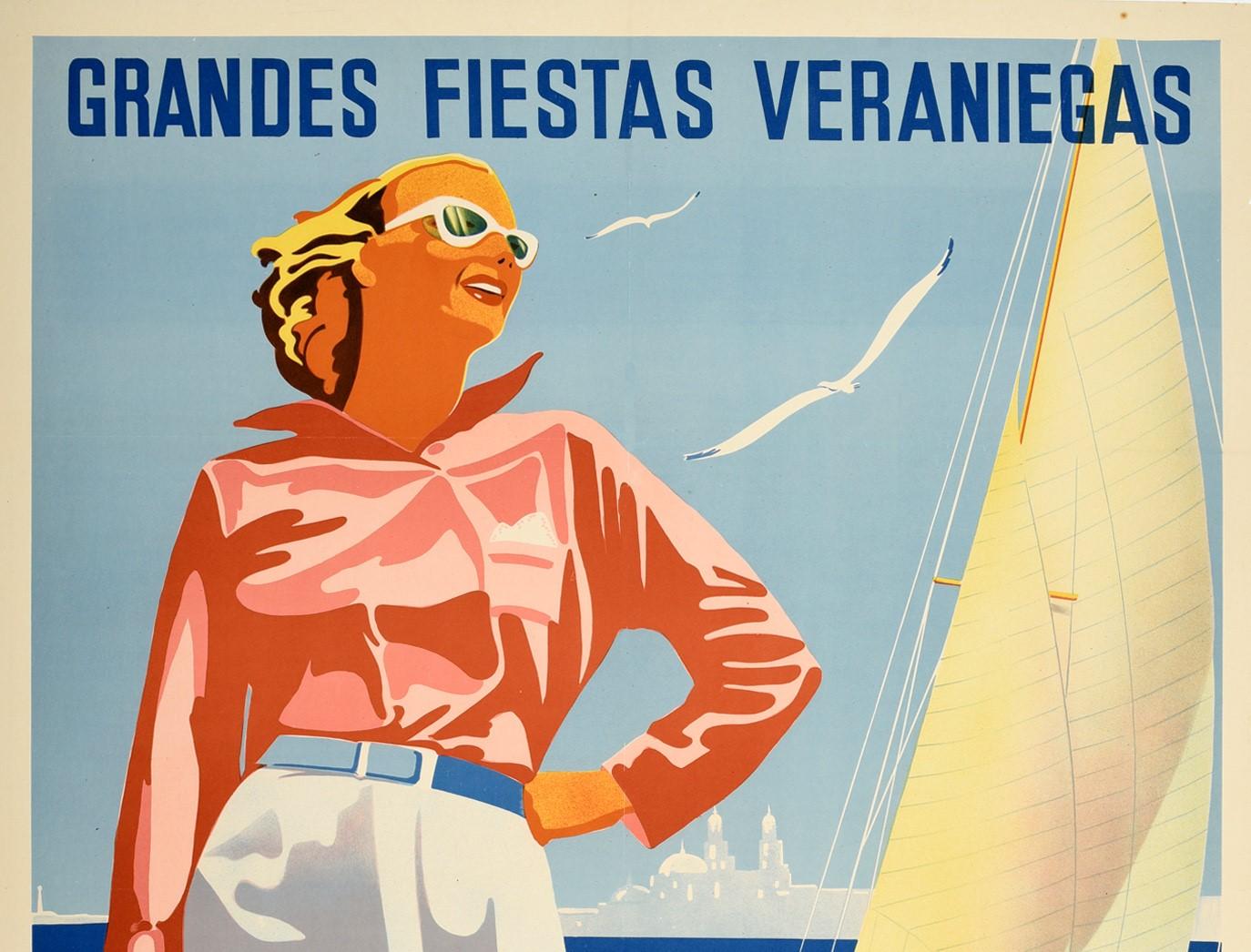 Original vintage travel poster for Great Summer holidays Cadiz The best beach in the South / Grandes fiestas veraniegas Cadiz la mejor playa del sur featuring a great image of a smiling lady in fashionable sunglasses holding a sun hat with her short