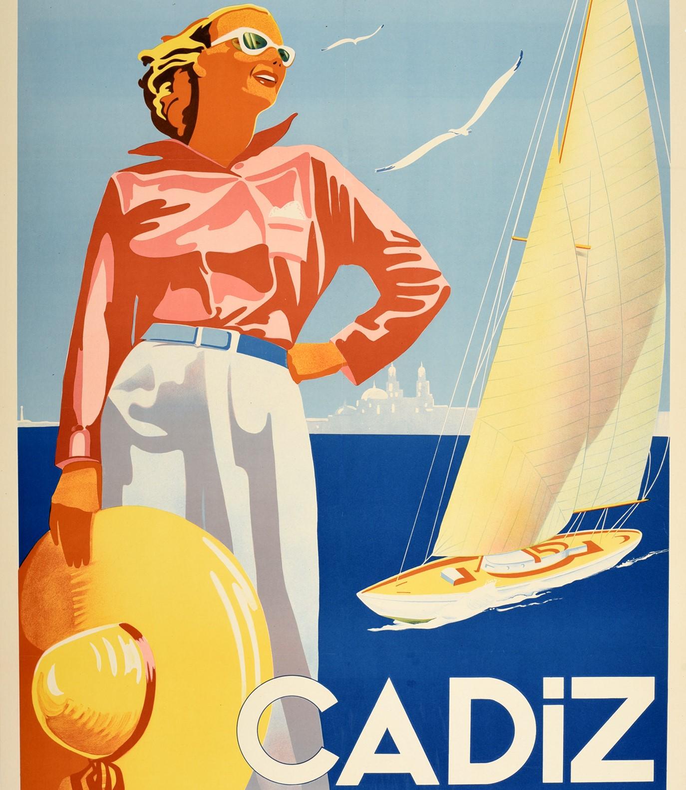 Spanish Original Vintage Travel Poster Cadiz Beach Sailing Yacht Summer Holiday Vacation For Sale