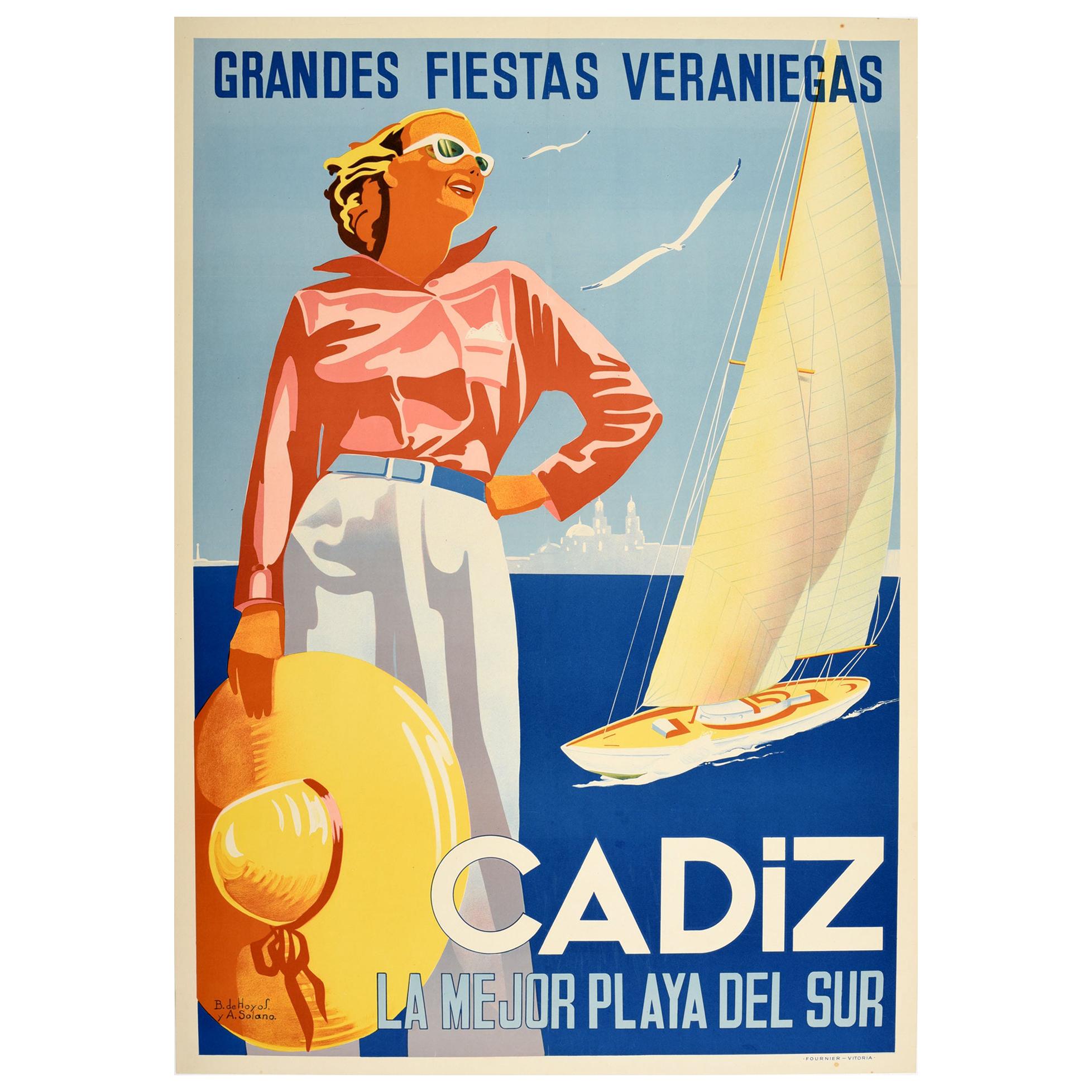 Original Vintage Travel Poster Cadiz Beach Sailing Yacht Summer Holiday Vacation