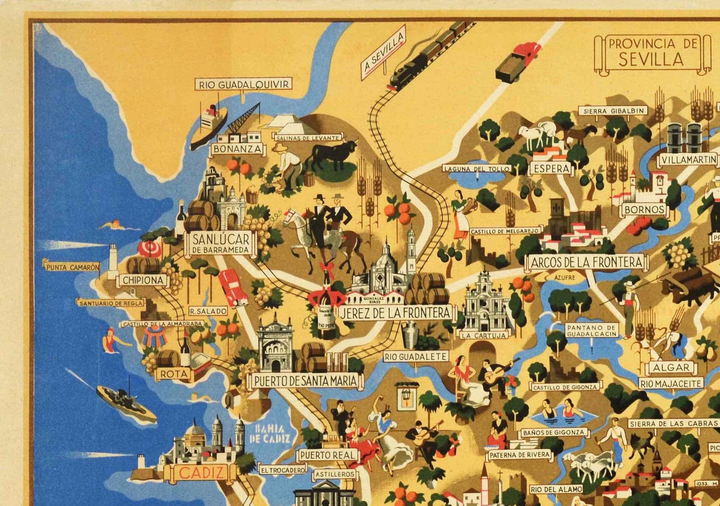 Original vintage travel poster for the Provincia de Cadiz featuring an illustrated map marking the cities and other locations with a list of distinguished people and principal industry and products listed on the side - Gaditanos Ilustres / Principal