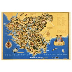 Original Vintage Travel Poster Cadiz Province Illustrated Map Art Deco Spain