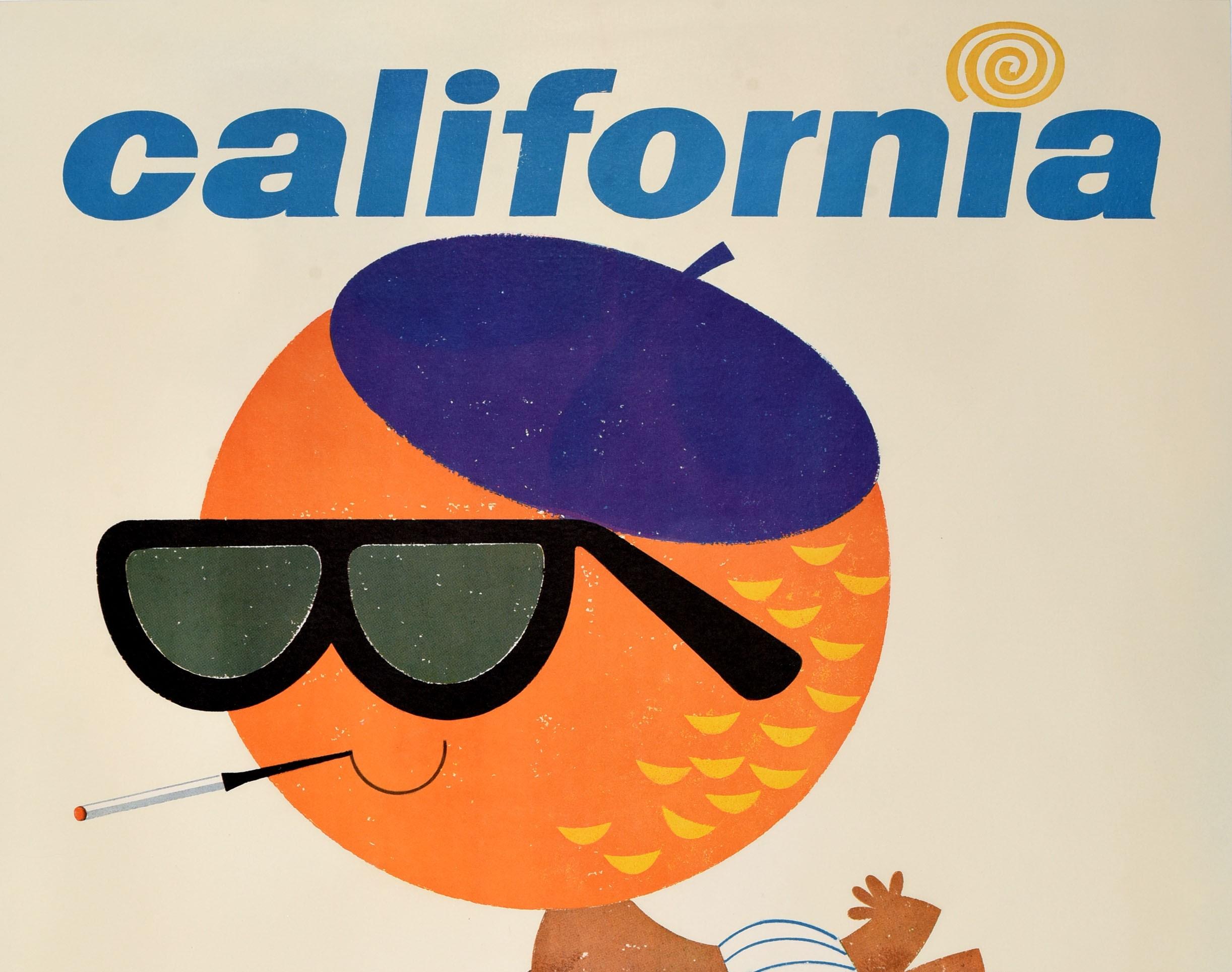 Original vintage travel poster - California Continental Airlines - featuring a fun design depicting a smiling orange sun headed character wearing a purple beret hat, sunglasses and striped shorts, smoking a cigarette with a cigarette holder while