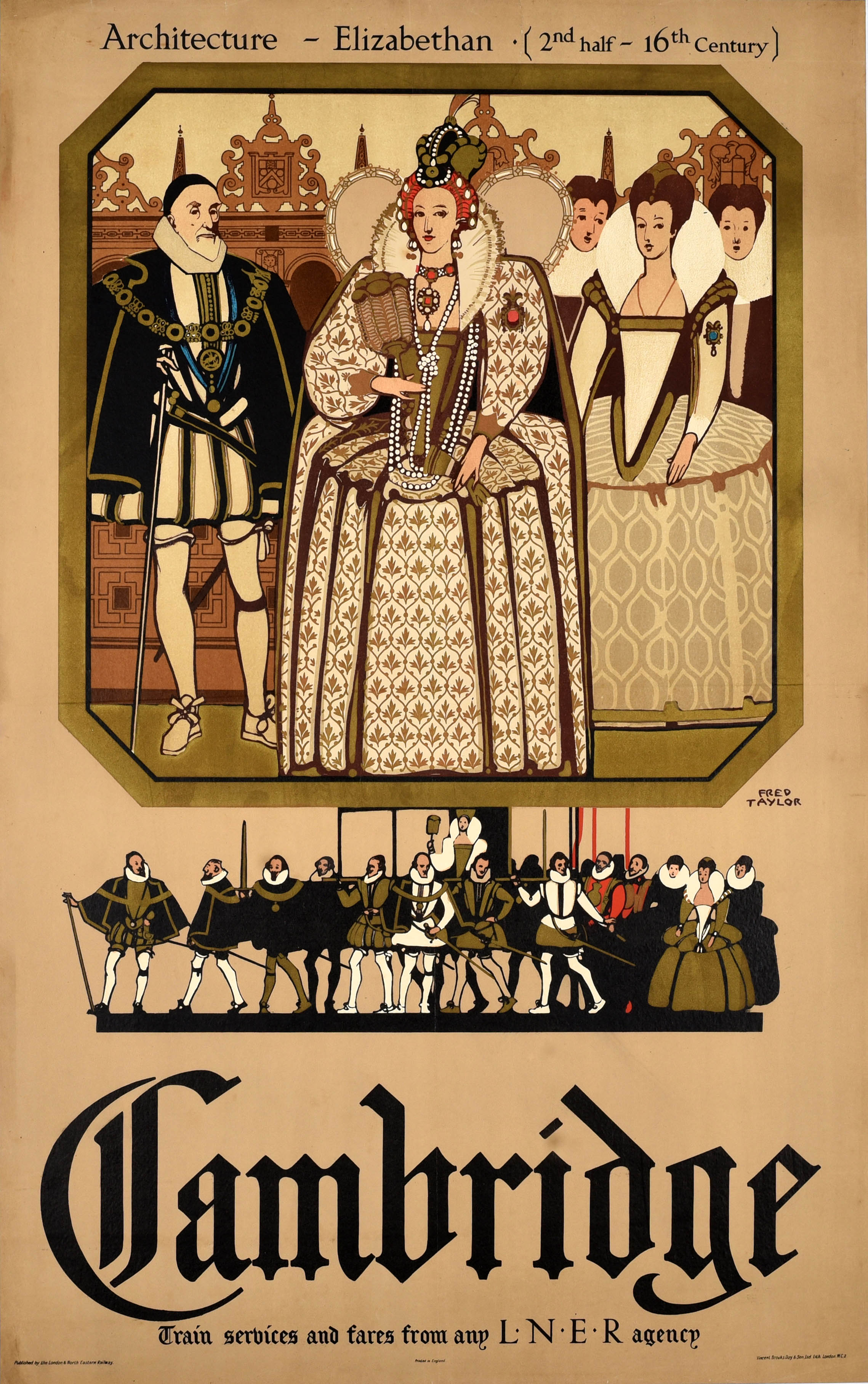 Poster di viaggio originale d'epoca Cambridge LNER Queen Elizabeth I Fred Taylor in vendita
