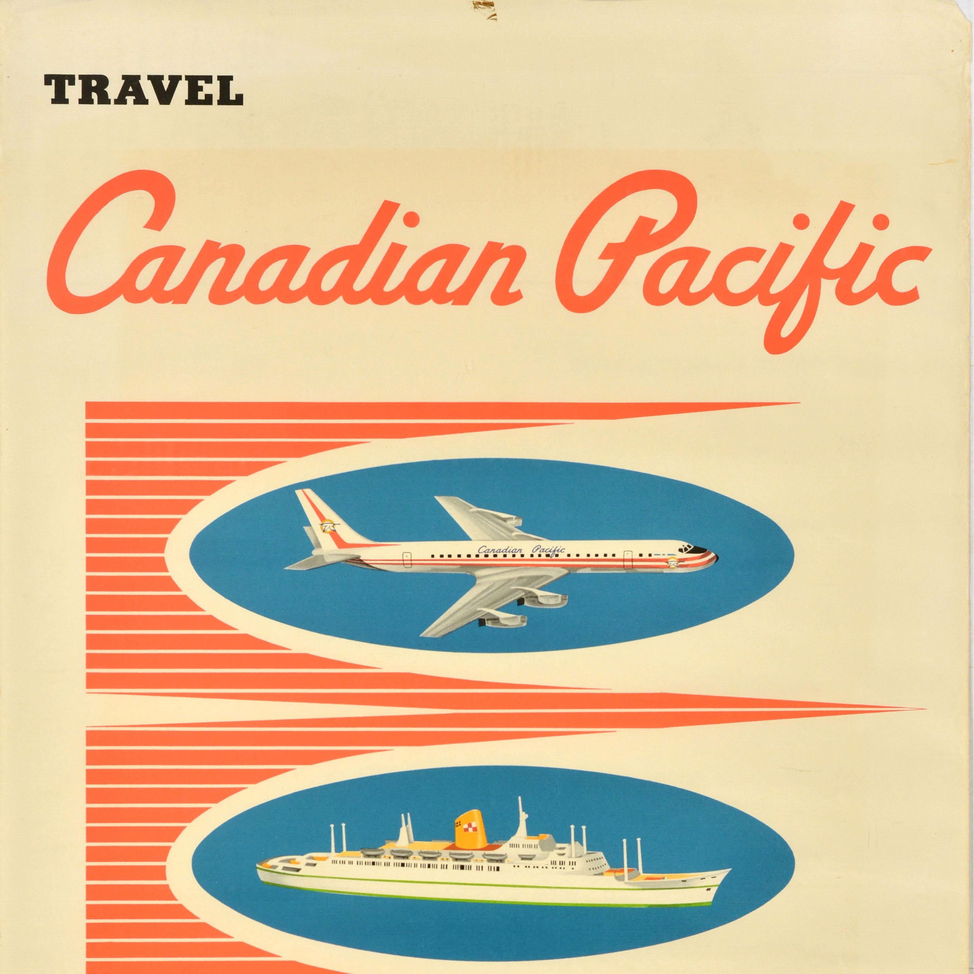 Póster de viaje original de época Canadian Pacific Airlines Steamships Railways Canadiense en venta