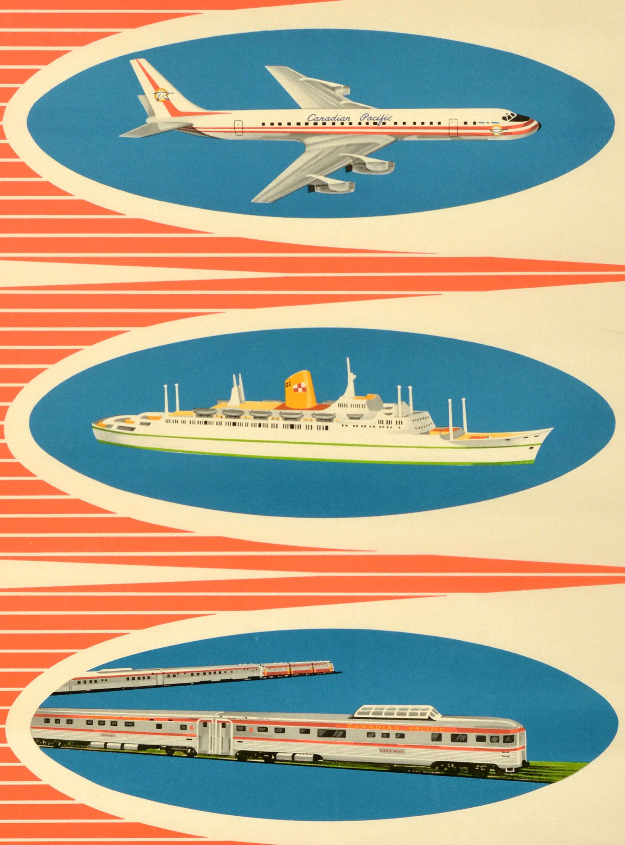 Póster de viaje original de época Canadian Pacific Airlines Steamships Railways mediados del siglo XX en venta