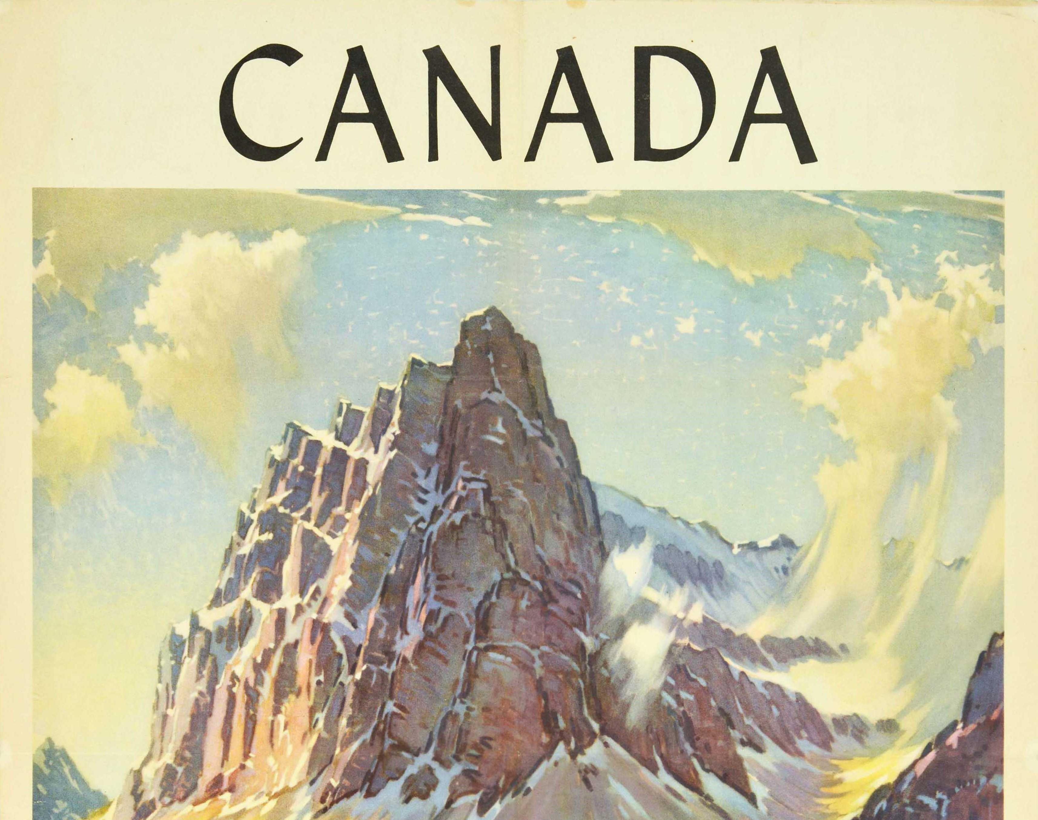 Original vintage tourism poster issued by the Canadian Government Travel Bureau - Canada Vacations Unlimited - featuring a painting by the British born Canadian painter Alfred Crocker Leighton RCA (1901-1965) entitled Mount Eisenhower Canadian