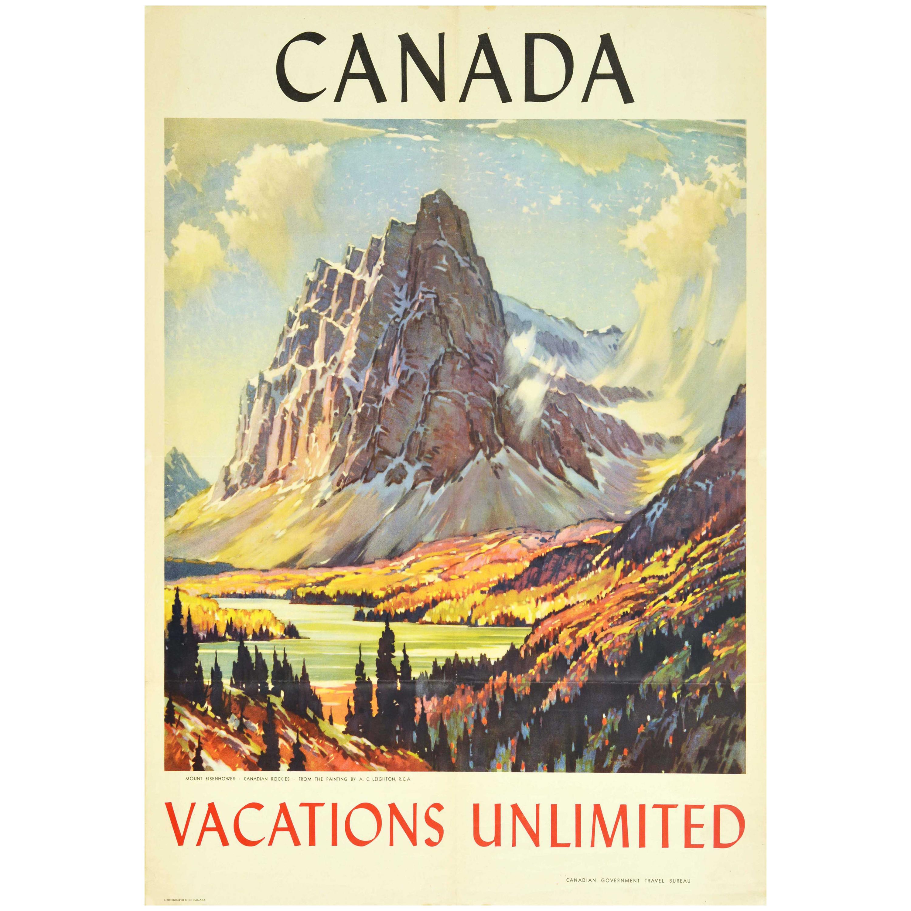 Original Vintage Travel Poster Canadian Rockies Mount Eisenhower Castle Mountain