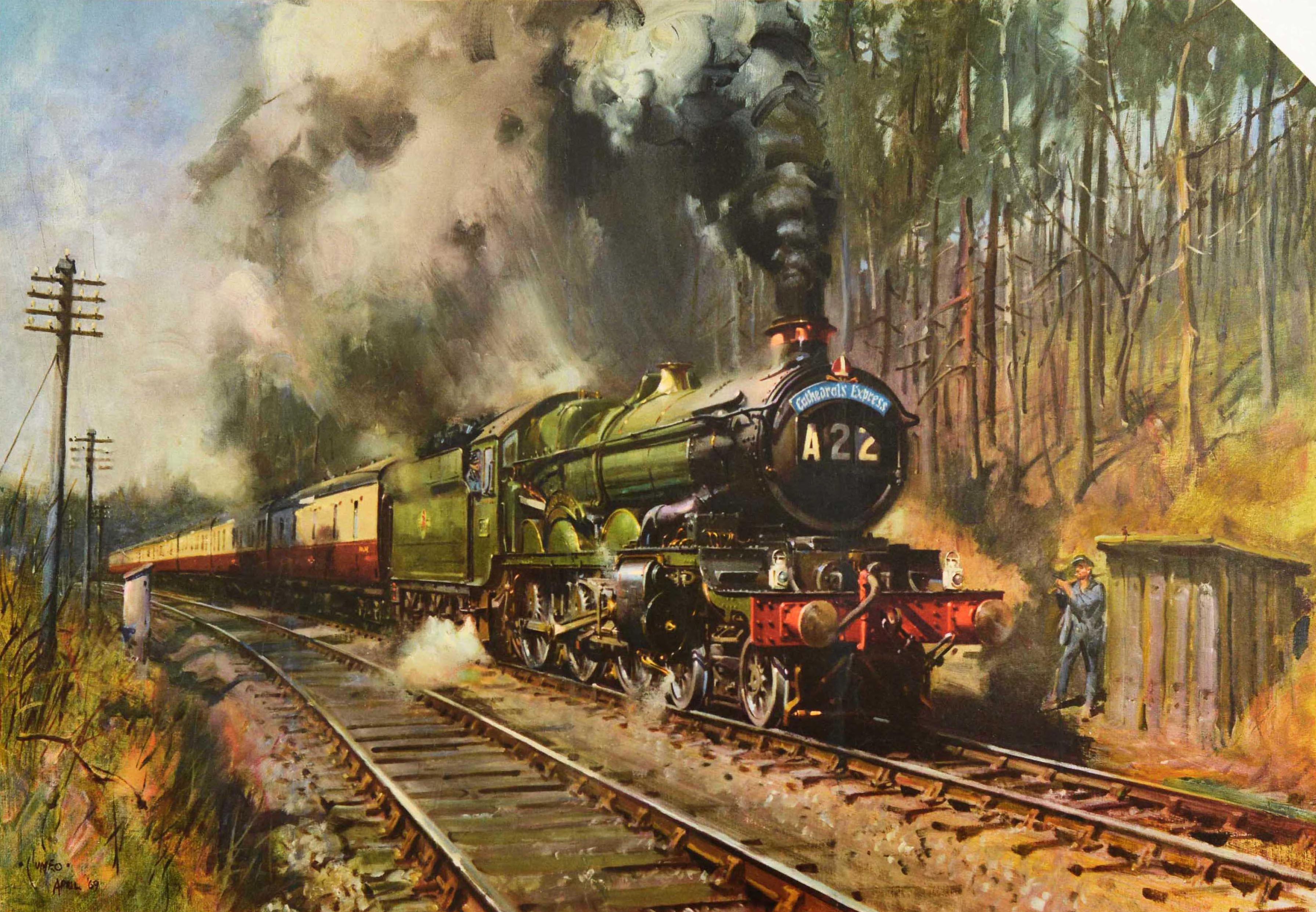 Original vintage travel poster - A Thoroughbred Heads The 'Cathedrals Express' Up Chipping Campden Bank - featuring artwork by the notable British artist Terence Tenison Cuneo (1907-1996) of the Cathedrals Express train with a bishop's mitre crest