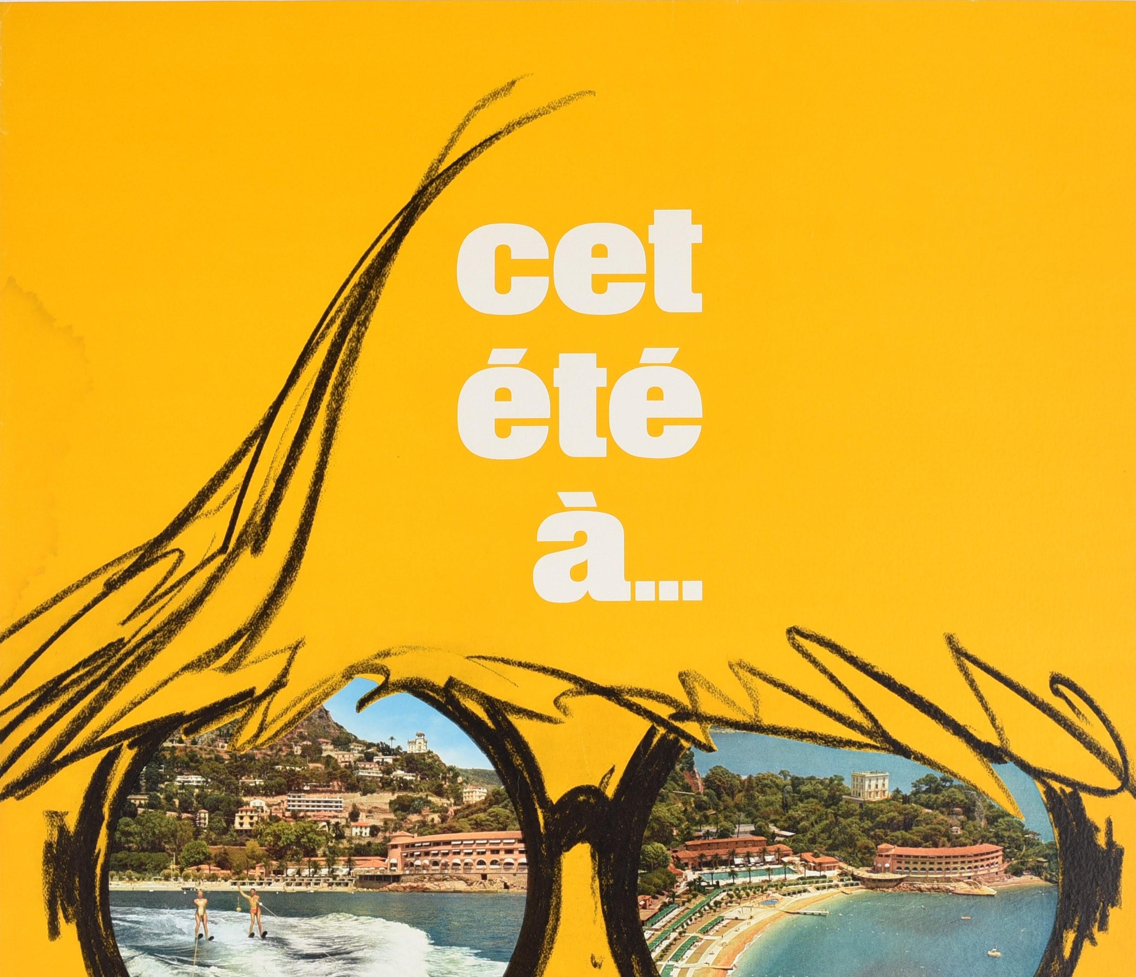 Original vintage travel poster for This summer in... Cet ete a... Monte Carlo featuring a great design showing photos of two people water-skiing and a view of the Monte Carlo Country Club resort with the sandy beach in front of hills on the French