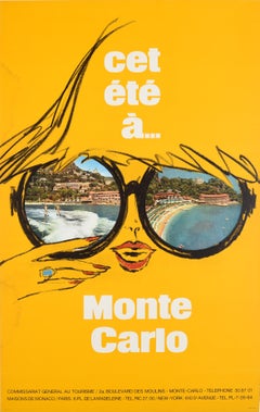 Affiche rétro originale de voyage Cet Ete Monte Carlo, Resort d'été Monaco Riviera