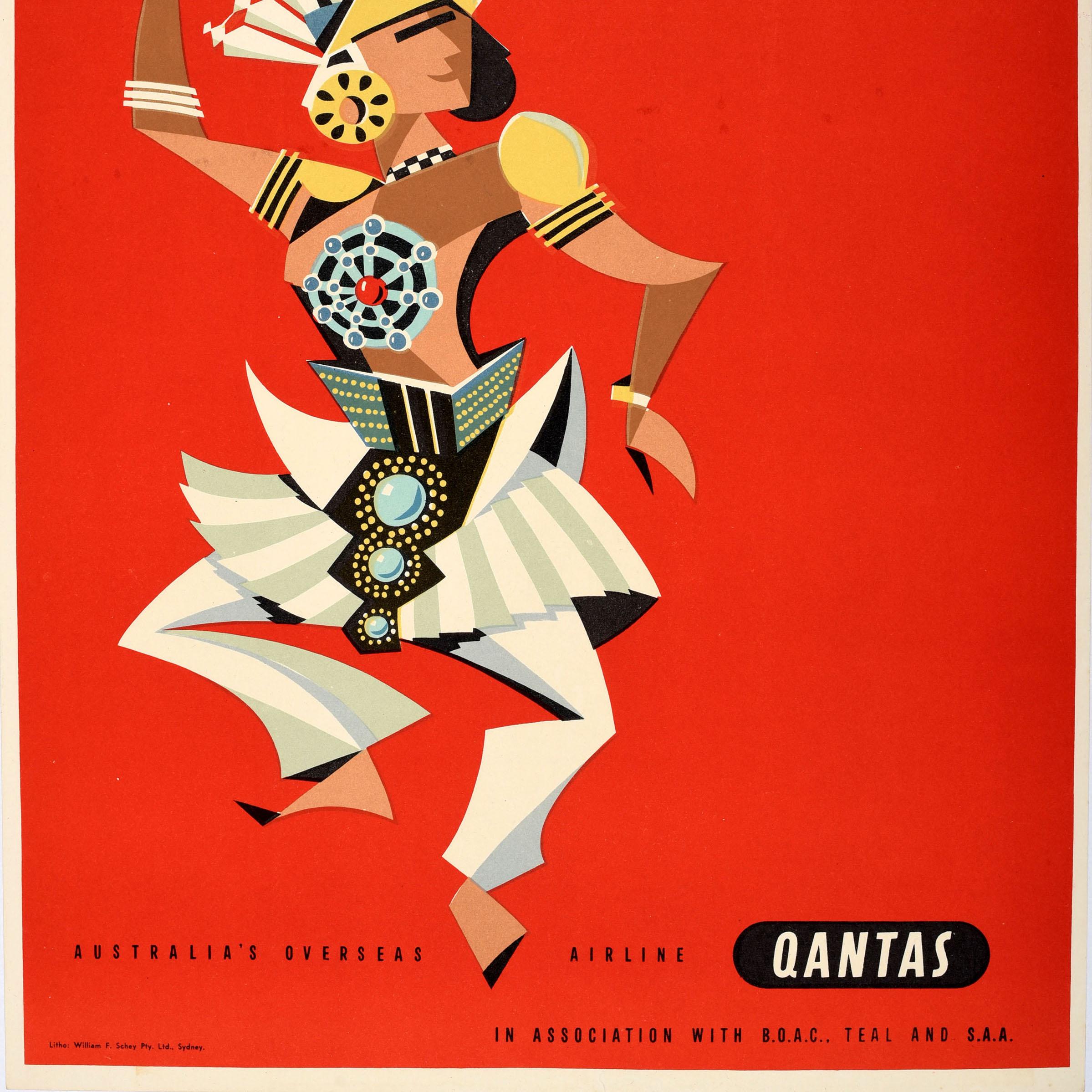 Original Vintage Travel Poster Ceylon Qantas Airline Dancer Harry Rogers Design In Good Condition For Sale In London, GB