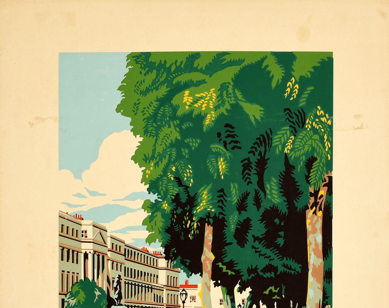 Original vintage Art Deco travel poster for Cheltenham Spa - Stately buildings and stately trees combine to characterise this delightful Midland town - featuring a stunning design showing smartly dressed ladies walking below trees near a classic car