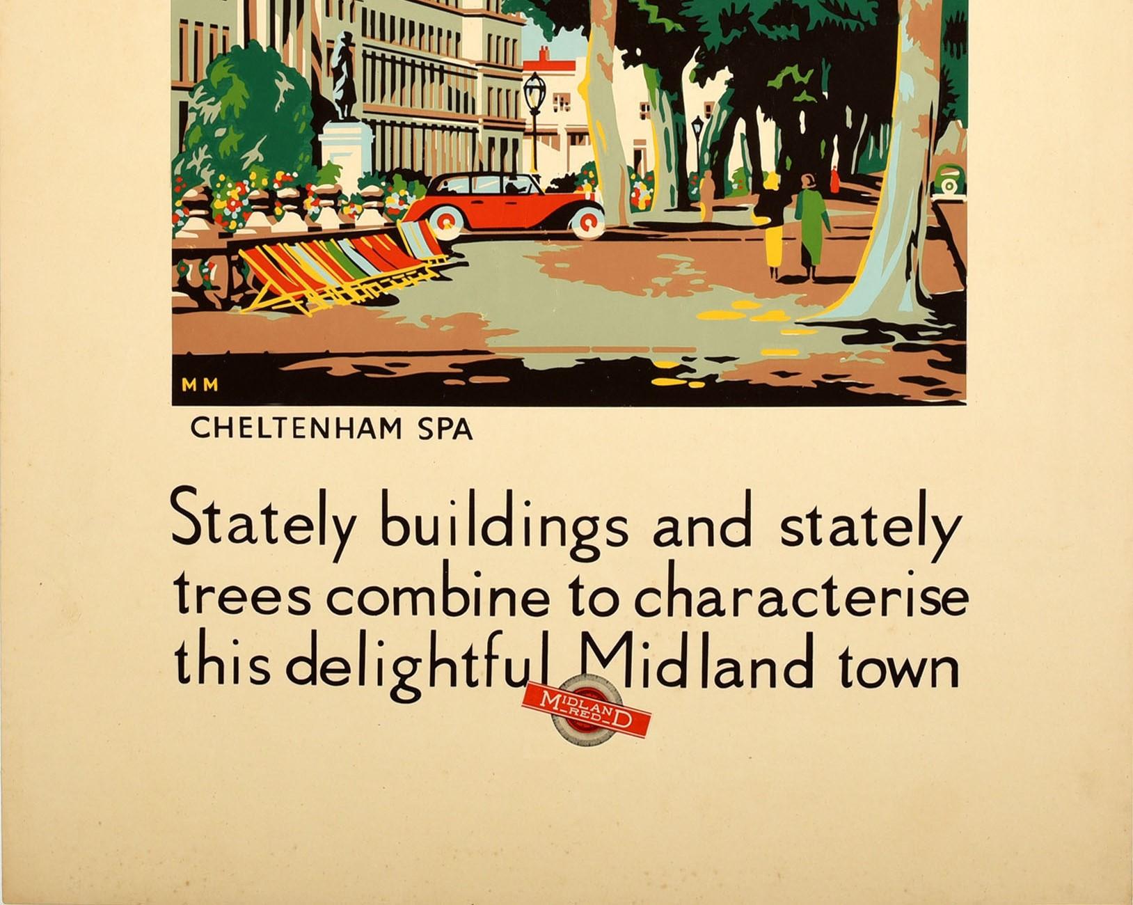 Art Deco Original Vintage Travel Poster Cheltenham Spa Stately Buildings Midland Red Bus For Sale