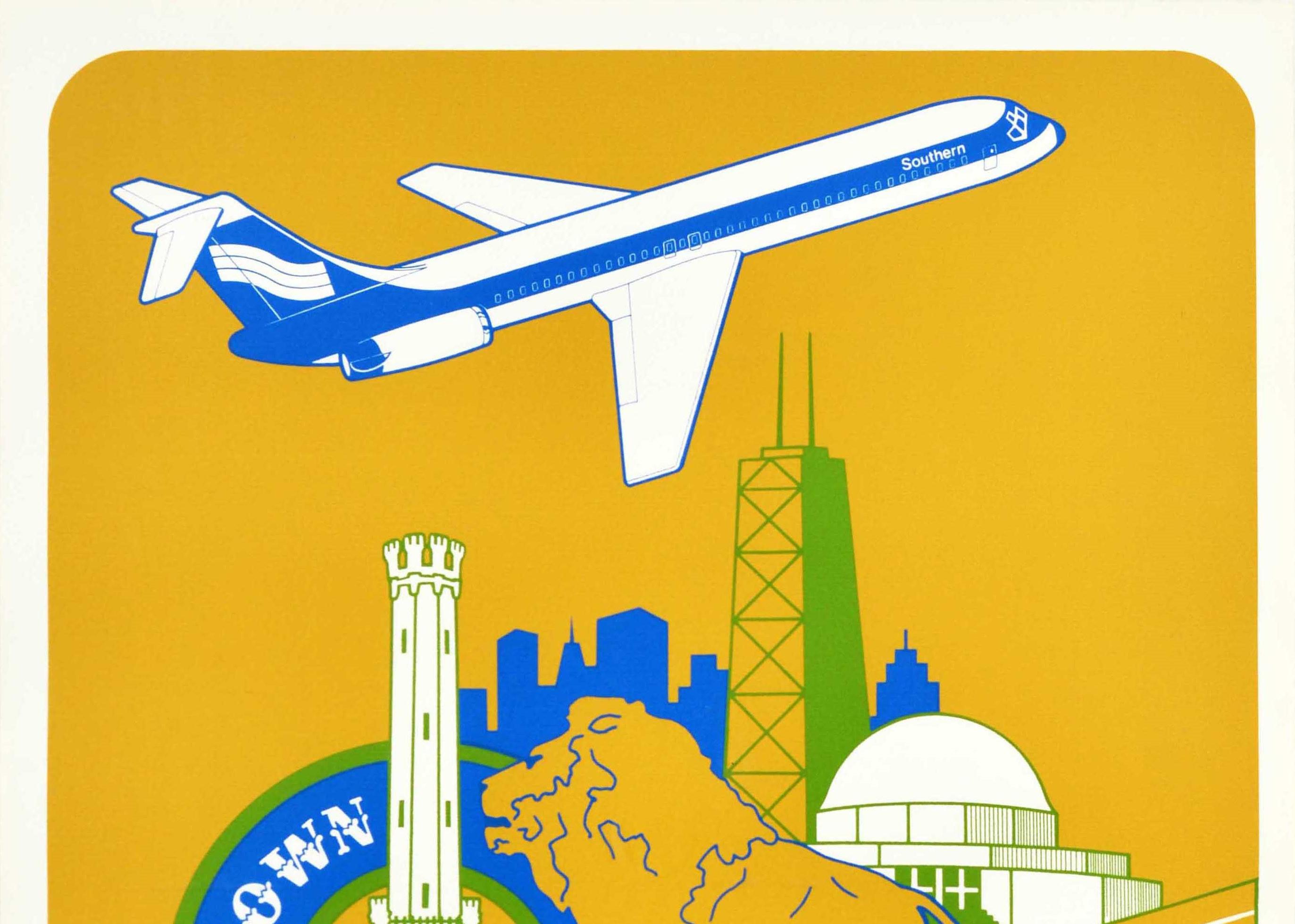 Original vintage travel poster for Chicago Southern Airways (1944-1979) featuring a colourful diagonal design depicting illustrations of the old Water Tower with Old Town written on a circle around it and a bronze lion sculpture in front of other