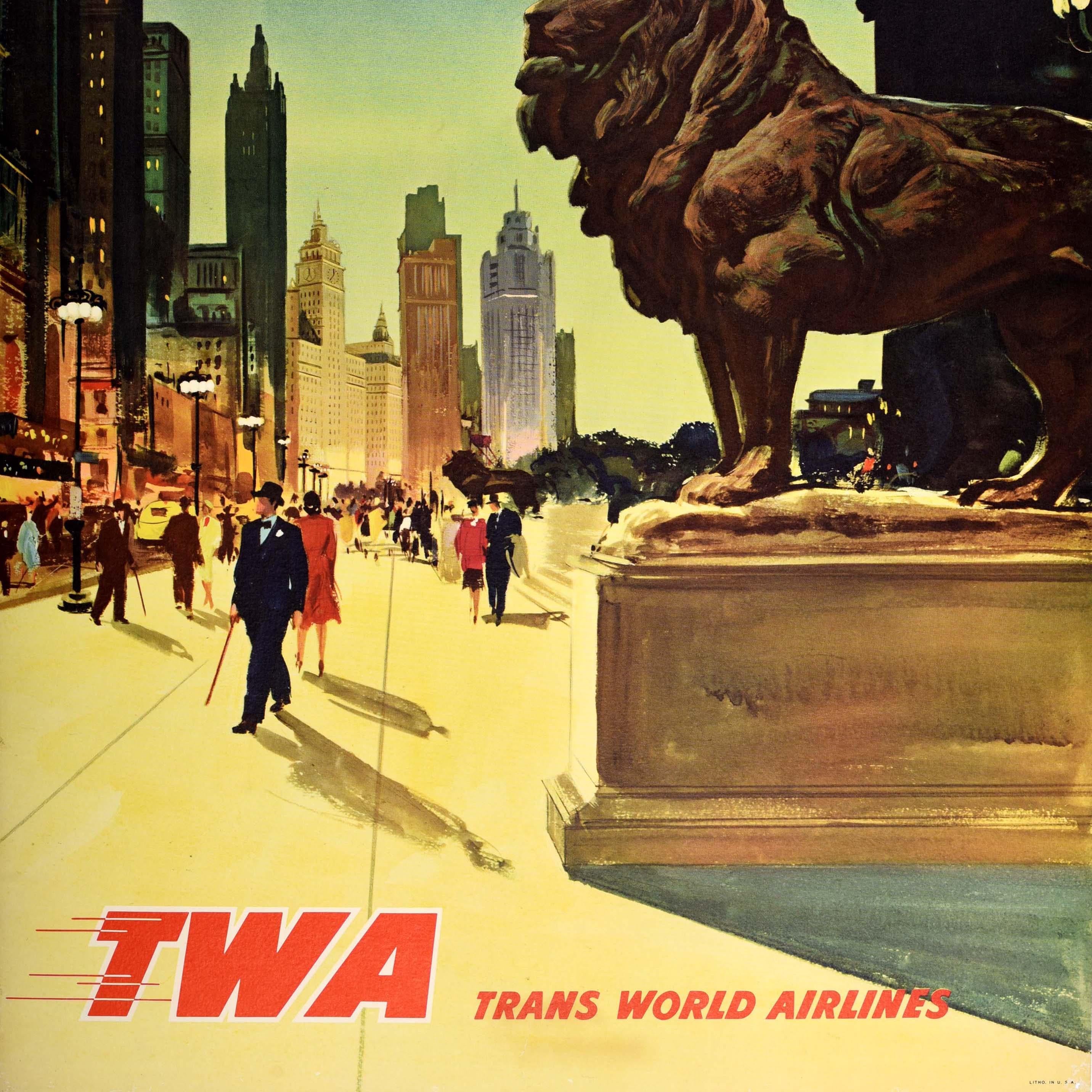 Póster de viaje original de época Chicago TWA Trans World Airlines Constellation Estadounidense en venta