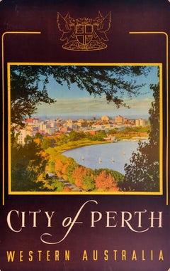 Original Vintage Travel Poster Stadt Perth Westaustralien Swan River