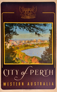 Original Vintage Travel Poster Stadt Perth Westaustralien Swan River