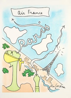 Original Vintage Travel Poster, Cocteau, Air France, Paris, Eiffel Tower, c.1963