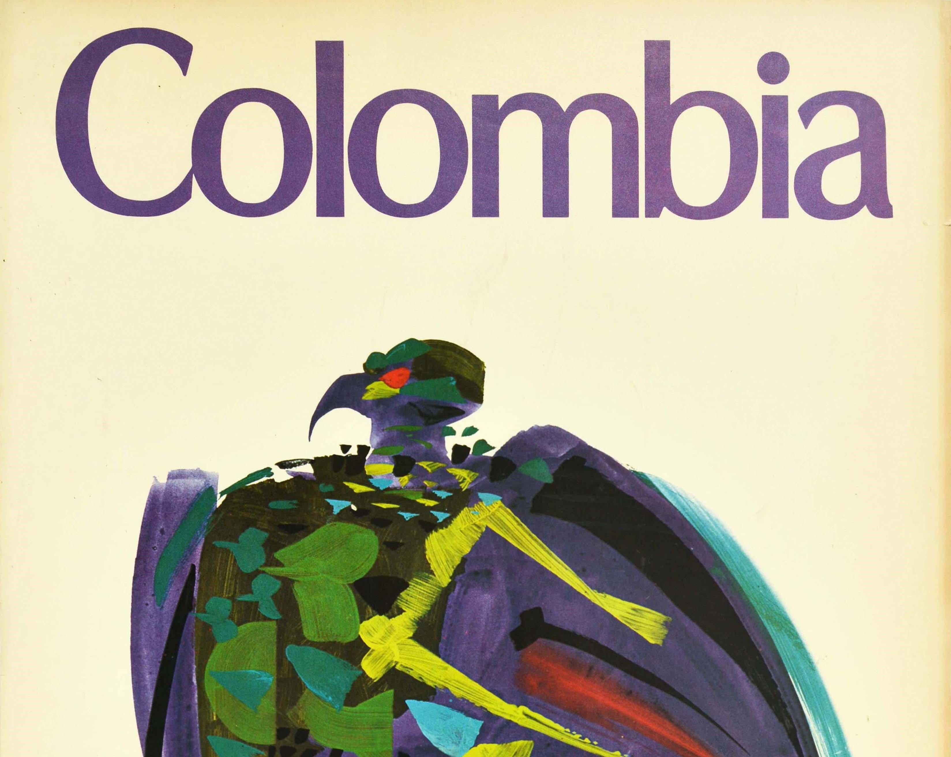 Original vintage travel poster for Colombia in South America featuring a colourful design of an Andean Condor (the country's national bird as a symbol of power and health associated with the sun god) on a rock with the bold title above, the