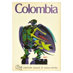 Original Vintage Travel Poster Colombia South America Andean Condor Bird Design